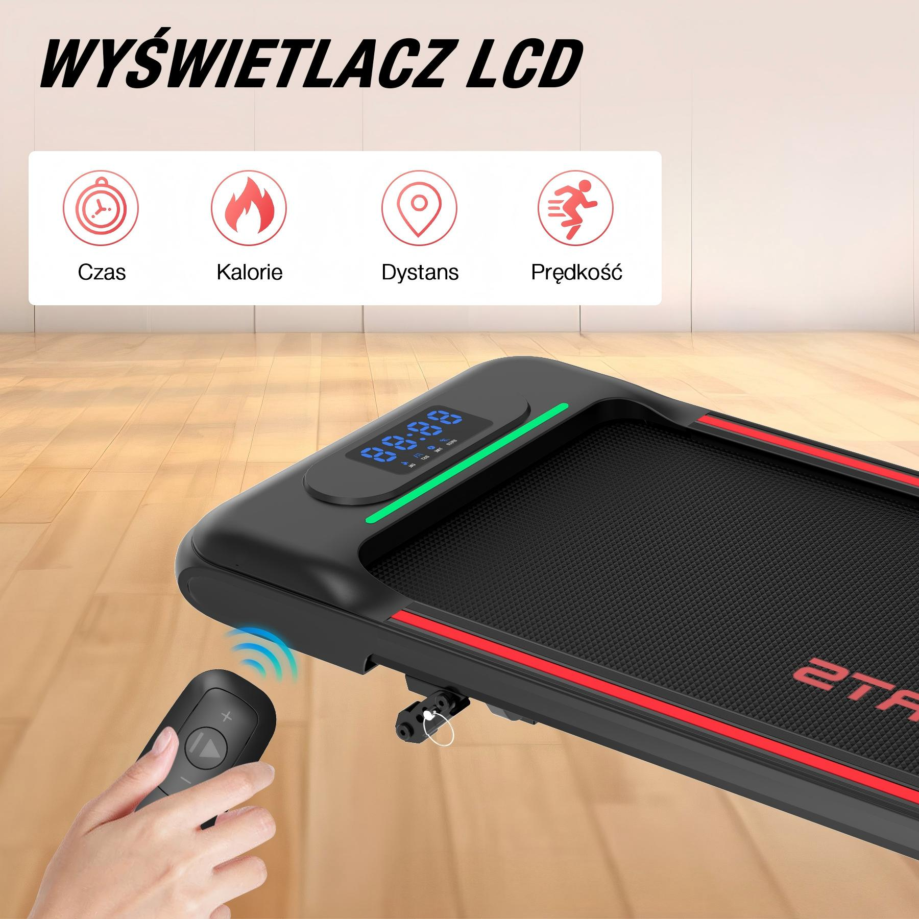 Czarna bieżnia z czerwonym oświetleniem i pilotem. Ikony pokazują czas, kalorie, dystans, prędkość.