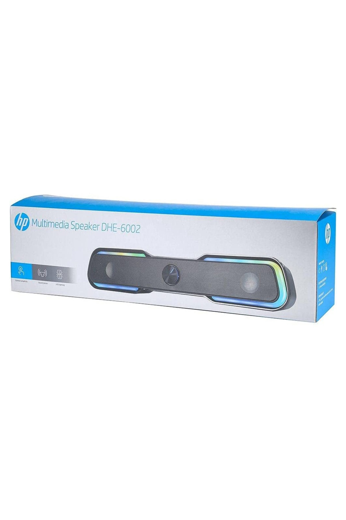 Pudełko głośnika multimedialnego HP DHE-6002 z obrazem głośnika, oświetleniem LED i ikonami.