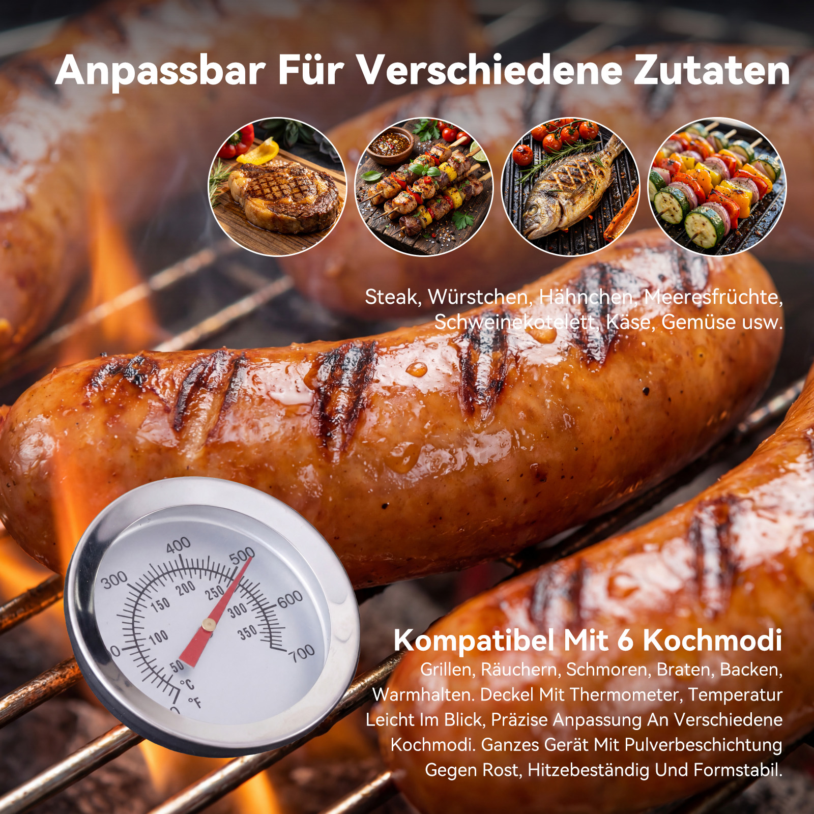 Grill mit Wurst, Thermometer und Bildern von Steak, Spießen, Fisch und Gemüse.