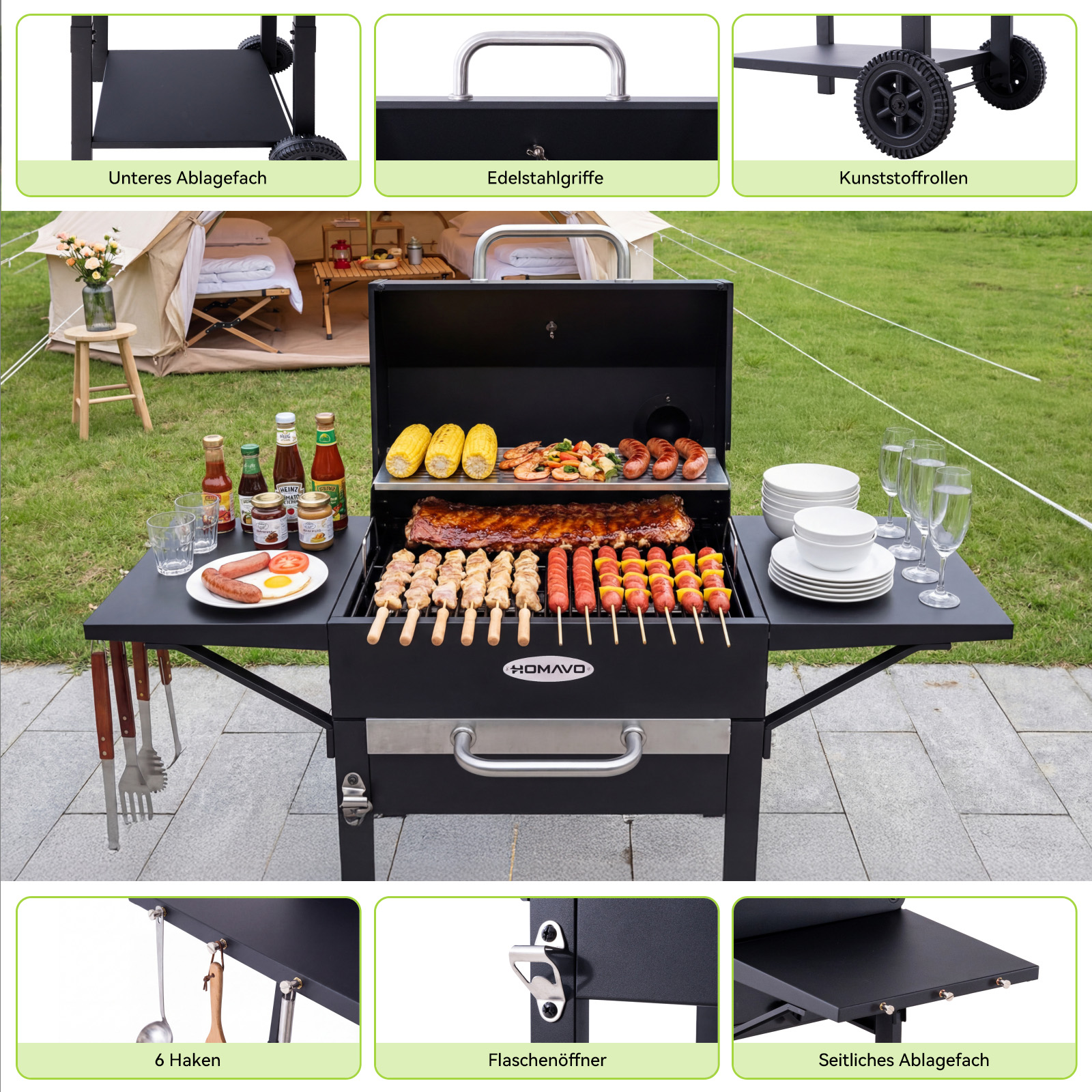 Ein Grill mit offenem Deckel, beladen mit Rippchen, Spießen, Würstchen, Garnelen und Mais.