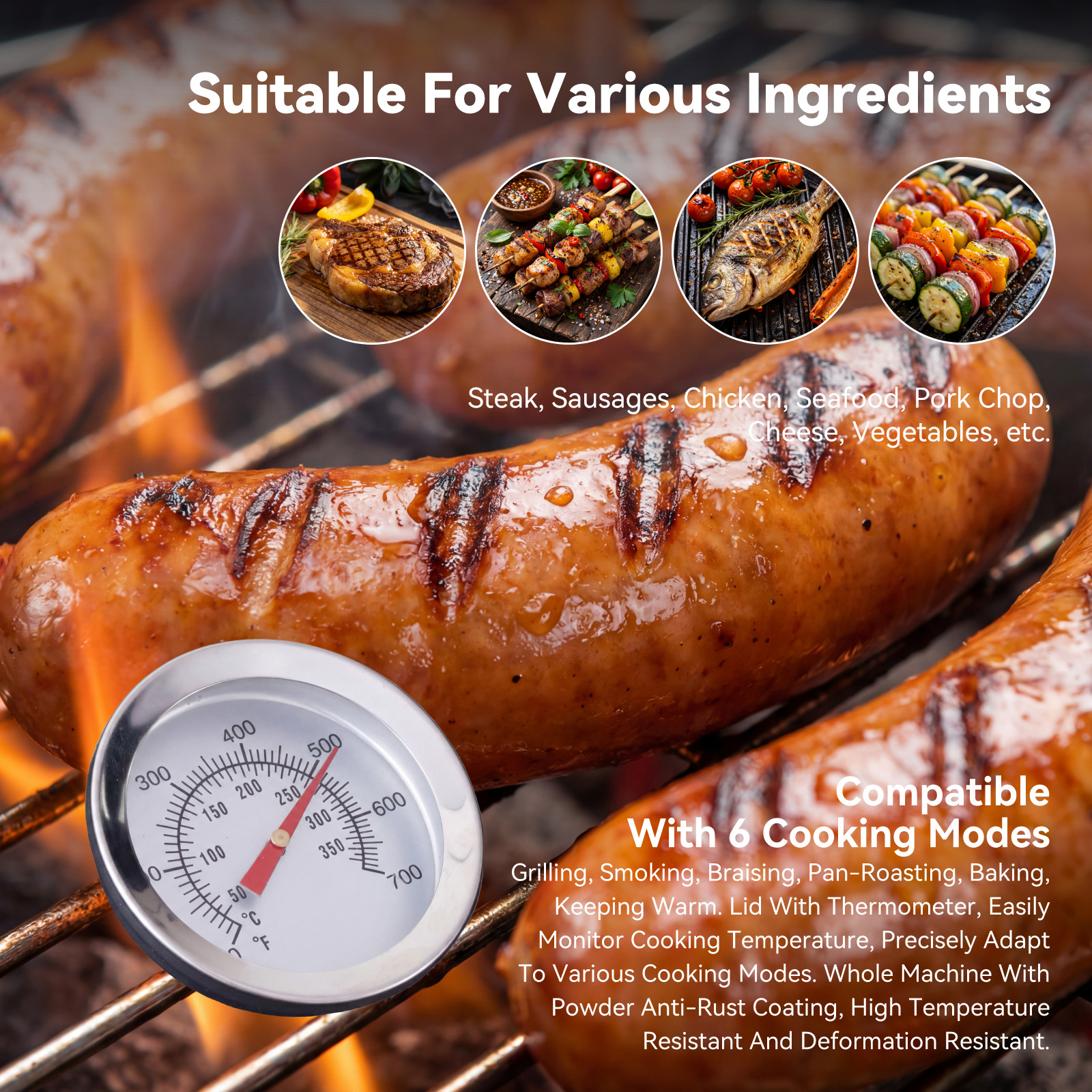 Gril avec saucisses, thermomètre et images de steak, brochettes, poisson et légumes.
