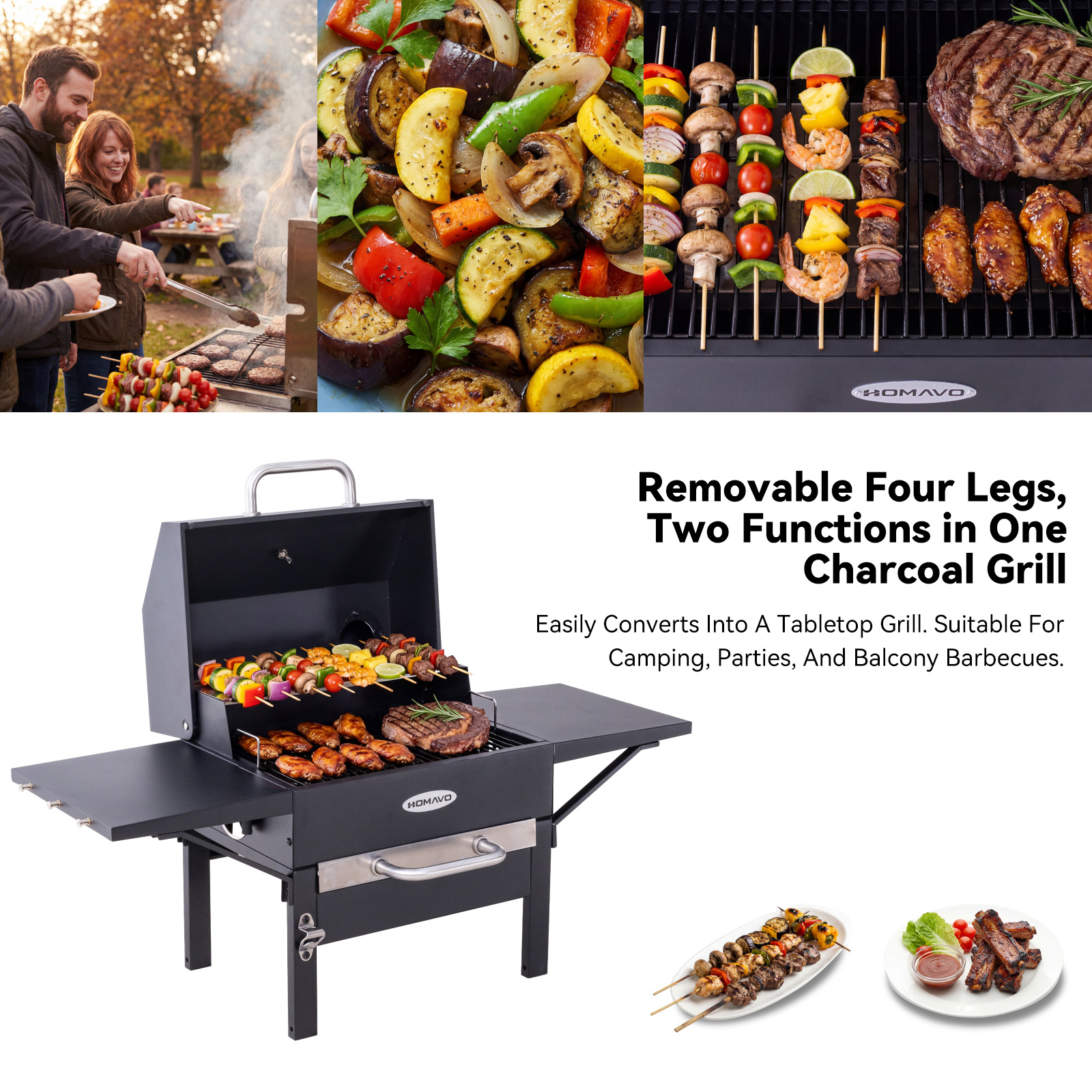 Un gril avec des brochettes de viande, des ailes de poulet, du steak et des légumes.