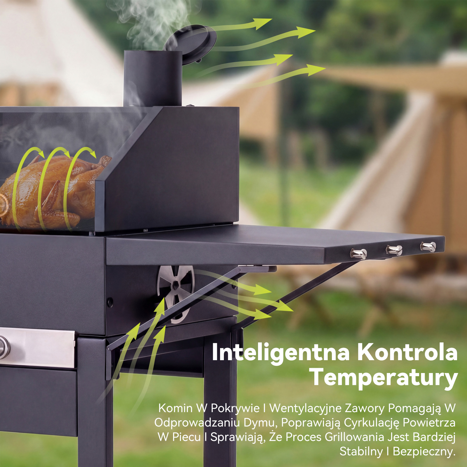 Pieczony kurczak w czarnej wędzarni z dymem i zielonymi strzałkami wskazującymi przepływ powietrza.