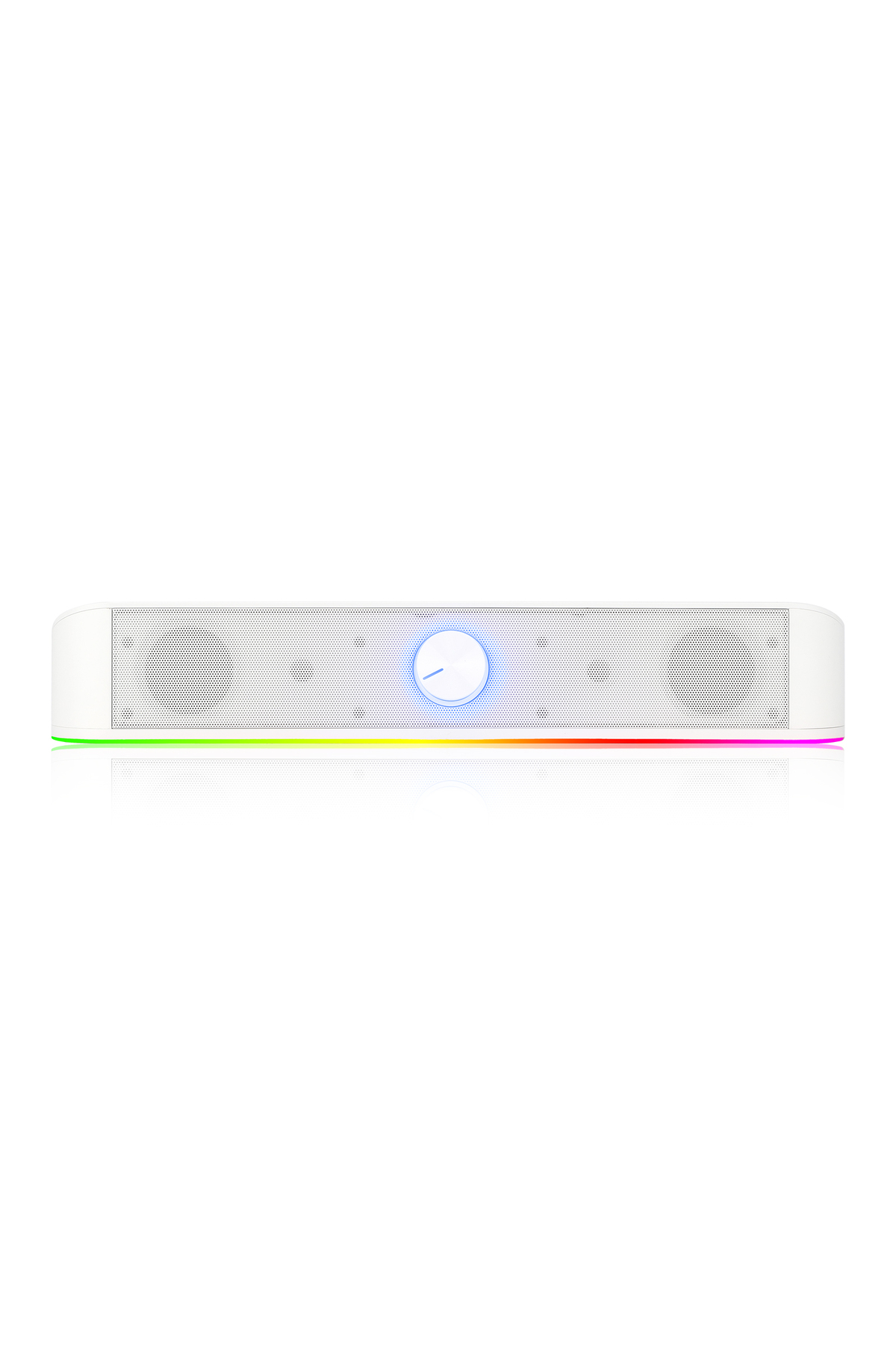 RGB aydınlatmalı ve merkezi kadranlı beyaz ses çubuğu.