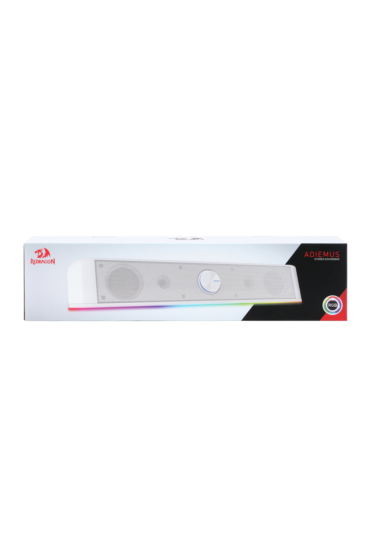 Redragon logolu ve RGB ışık efektli beyaz sesli çubuk kutusu.
