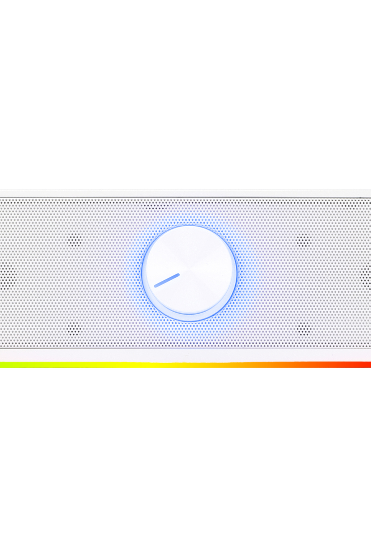Kontrol düğmesi ve LED aydınlatmalı beyaz hoparlör.