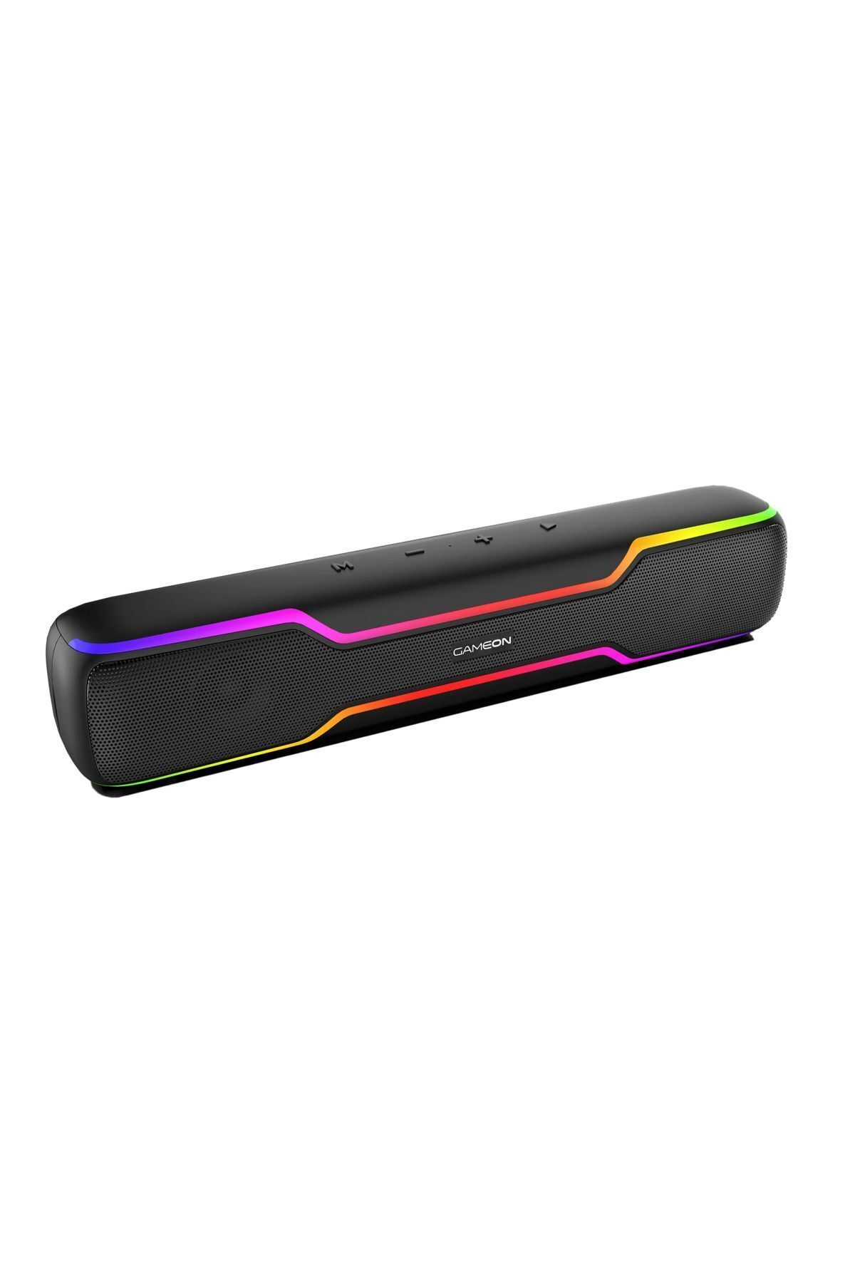 RGB aydınlatmalı ve "GAMEON" logolu siyah hoparlör.