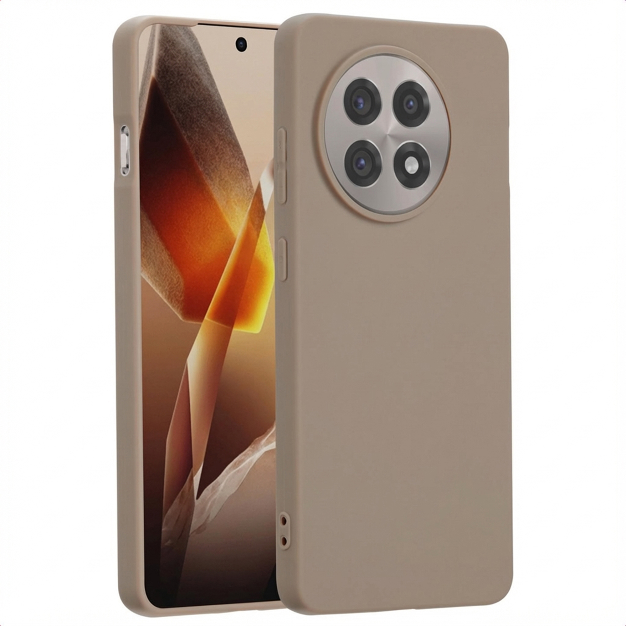 Een beige telefoonhoes met camerahuis en een deel van het scherm.