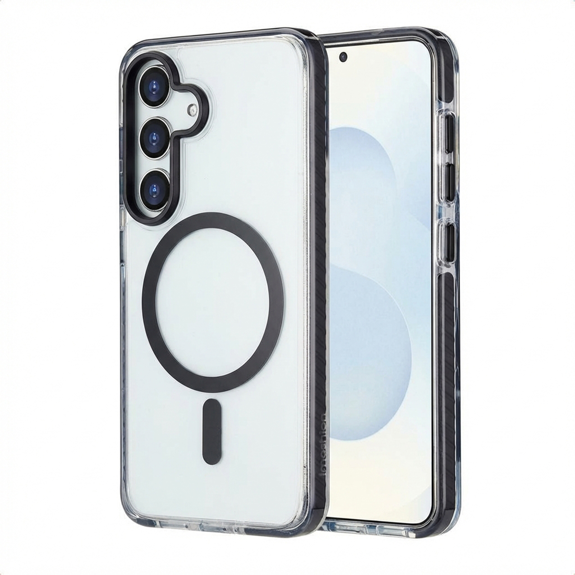 Custodia trasparente per telefono con anello e magnete neri, tre lenti.