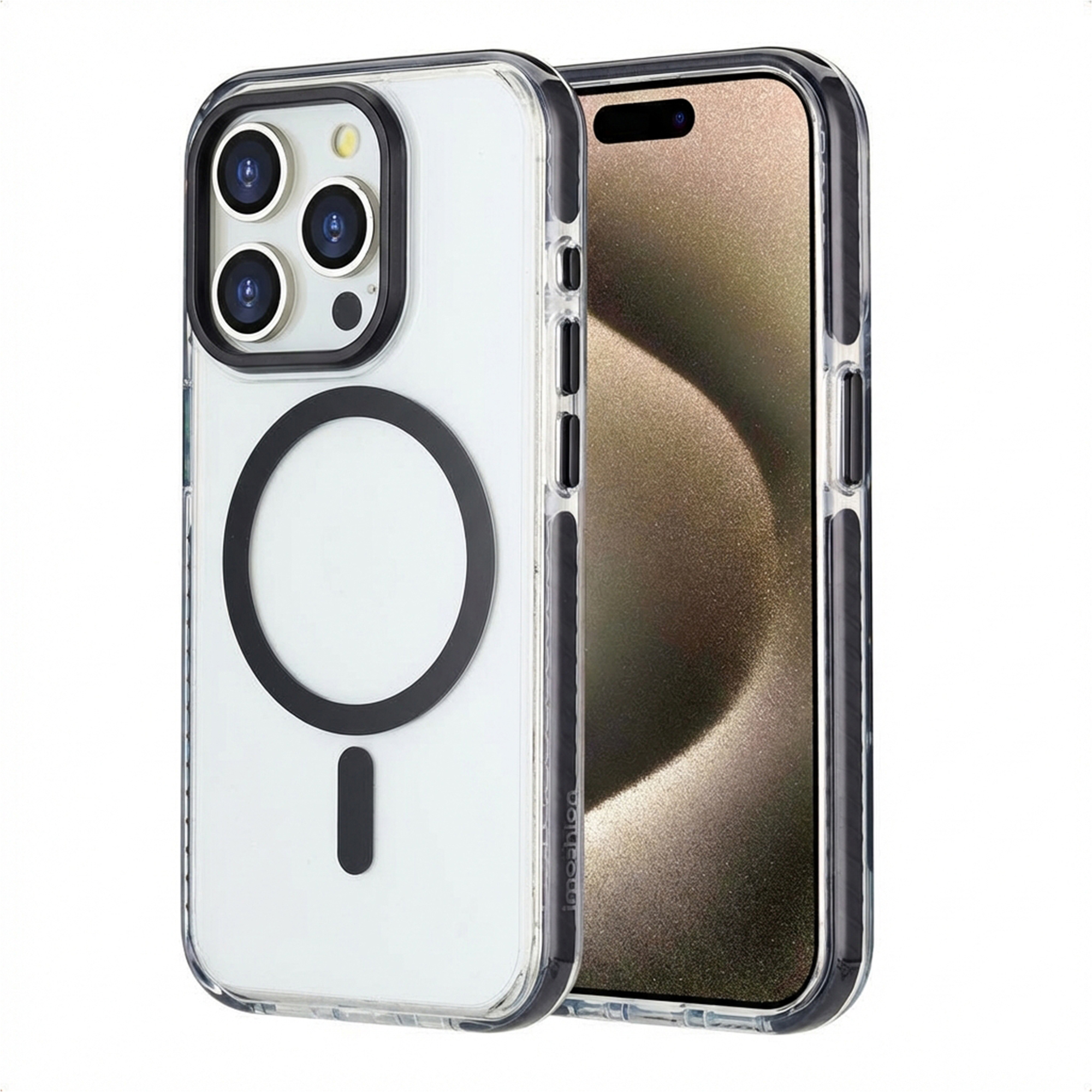 Une coque de téléphone transparente avec trois caméras et un anneau magnétique.