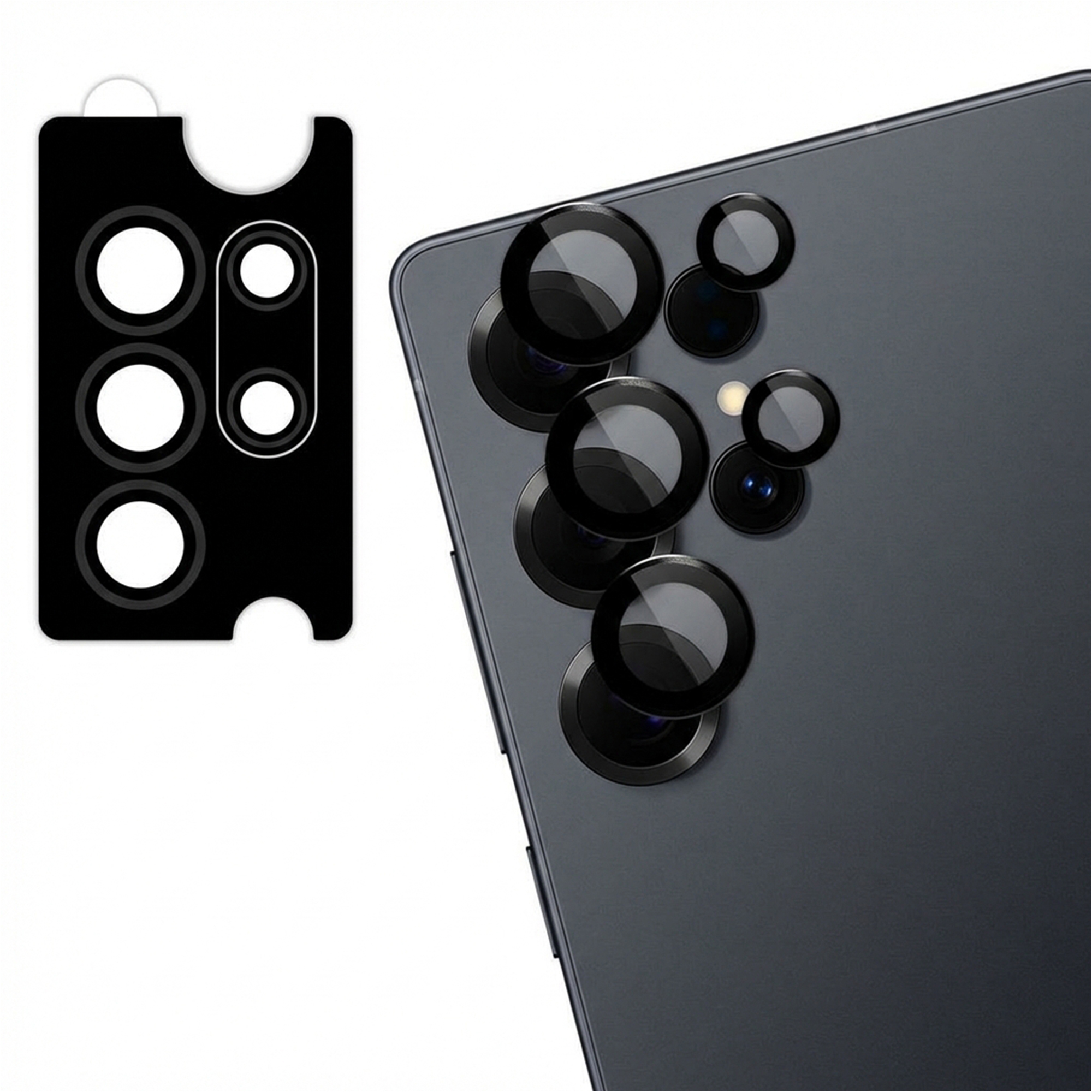 Zwarte lensbeschermer sticker naast smartphone camera lenzen.