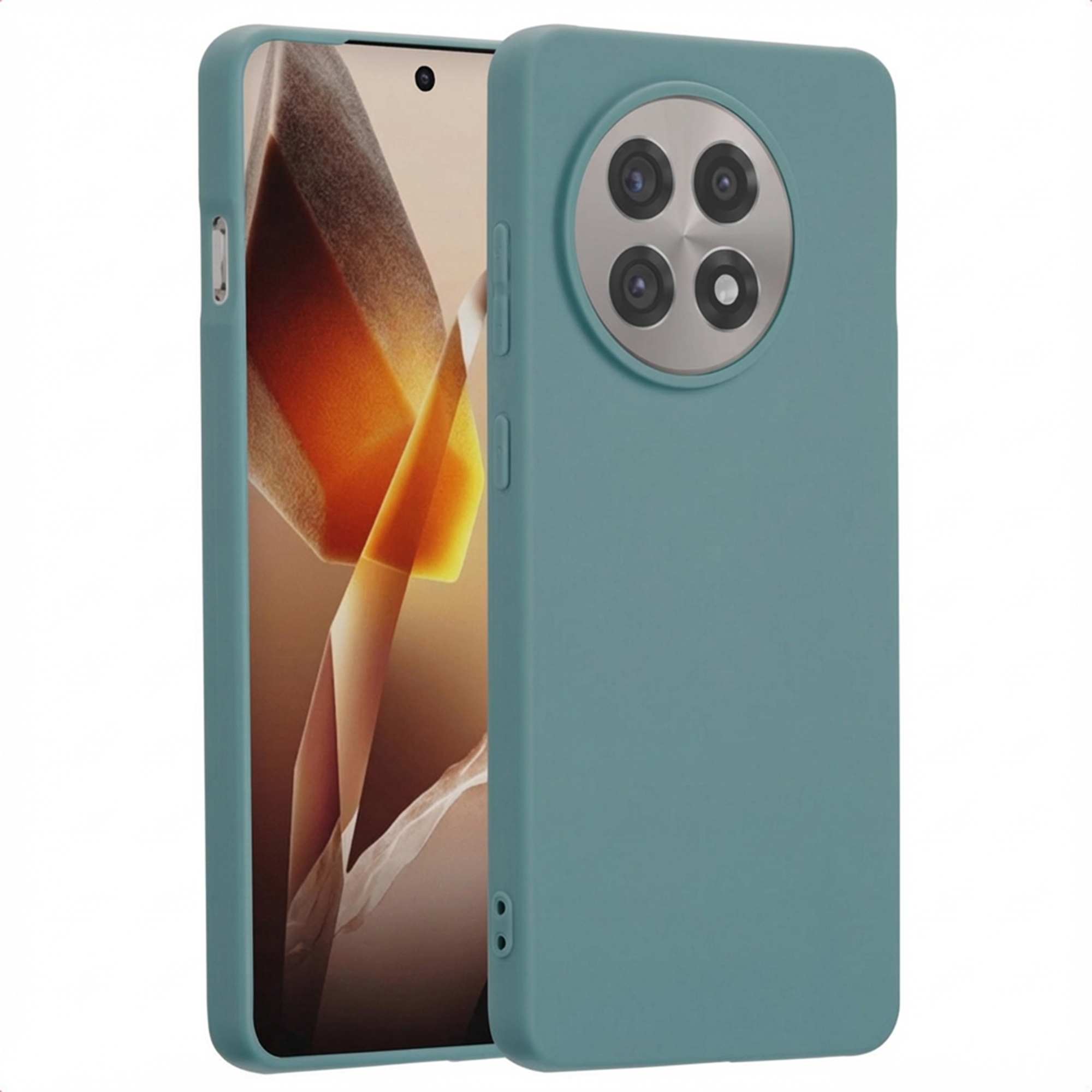 Een teal-kleurige telefoon met vier camera's aan de achterkant.
