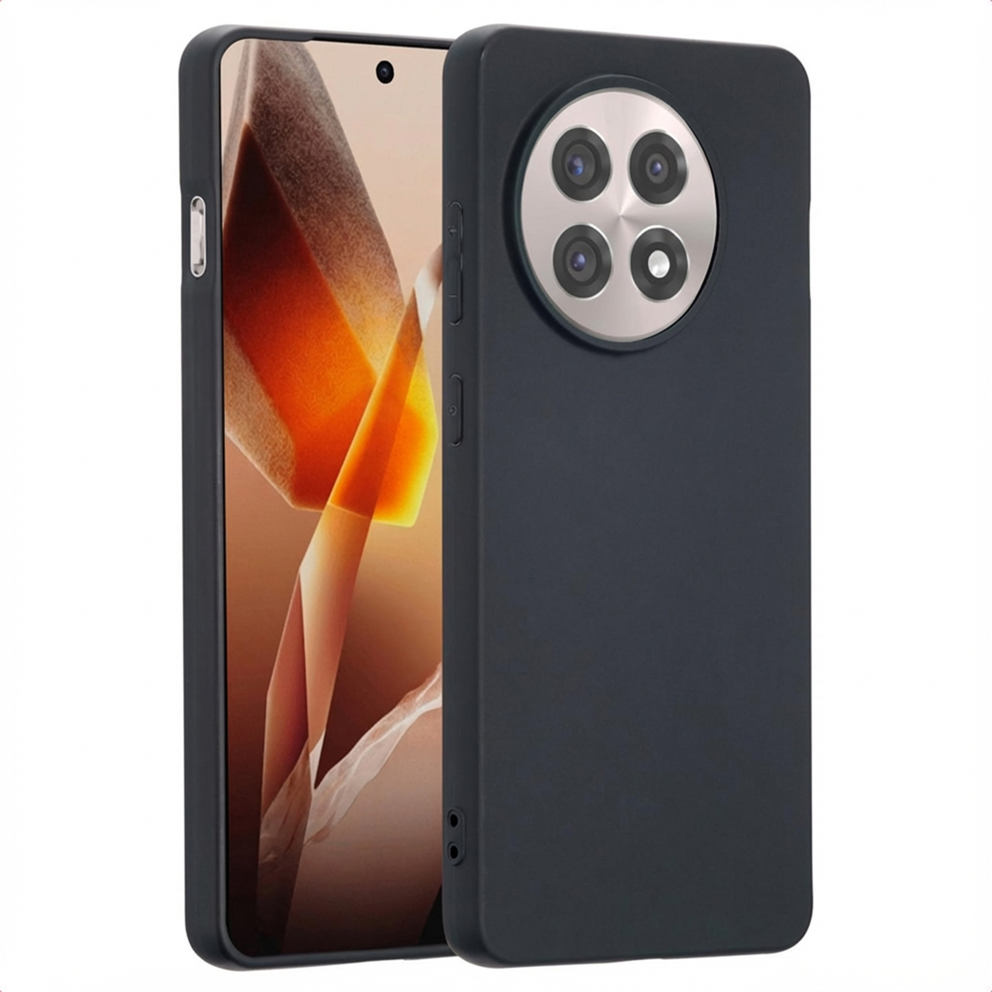 Een zwarte smartphone met vier camera's aan de achterkant en een weergegeven scherm.