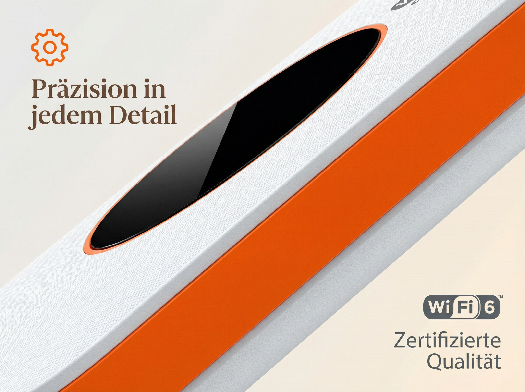 Ein weißes Gerät mit orangefarbenen Akzenten und schwarzem Display.