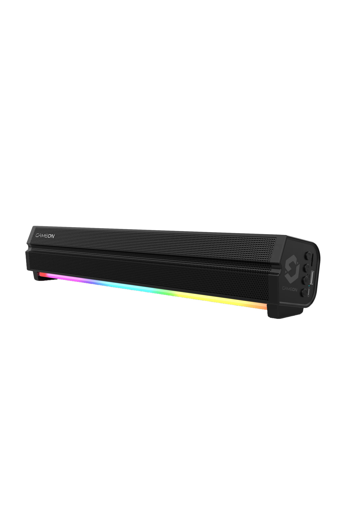 Yan tarafında RGB aydınlatmalı ve bağlantı noktalarına sahip siyah hoparlör.