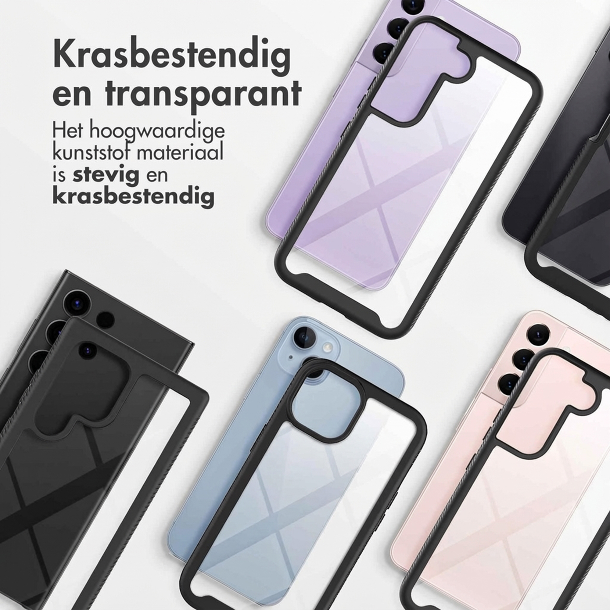 Plusieurs coques de téléphone transparentes de couleur sont sur des téléphones.