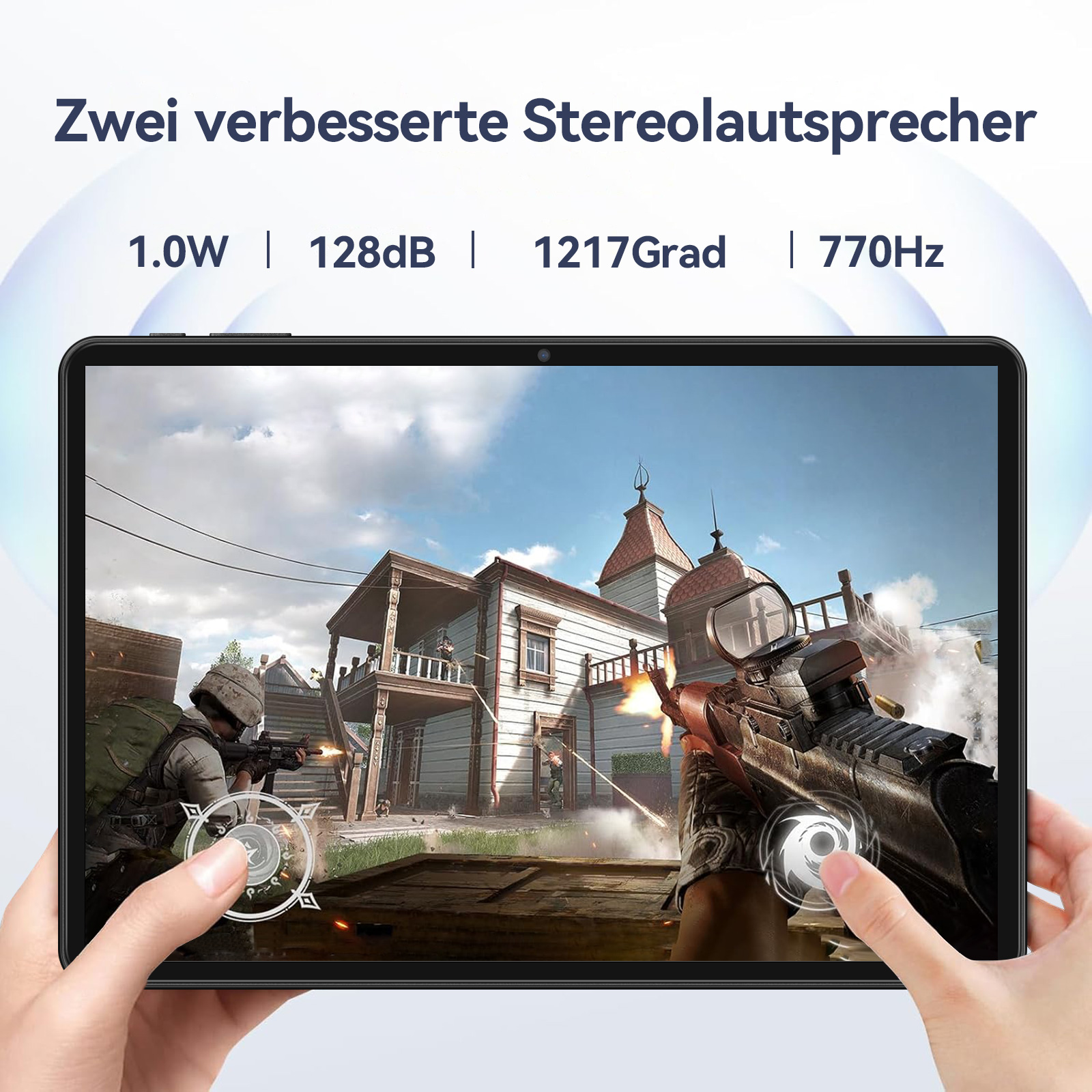 Tablet zeigt ein Ballerspiel mit Soldaten, Waffen und Gebäuden.
