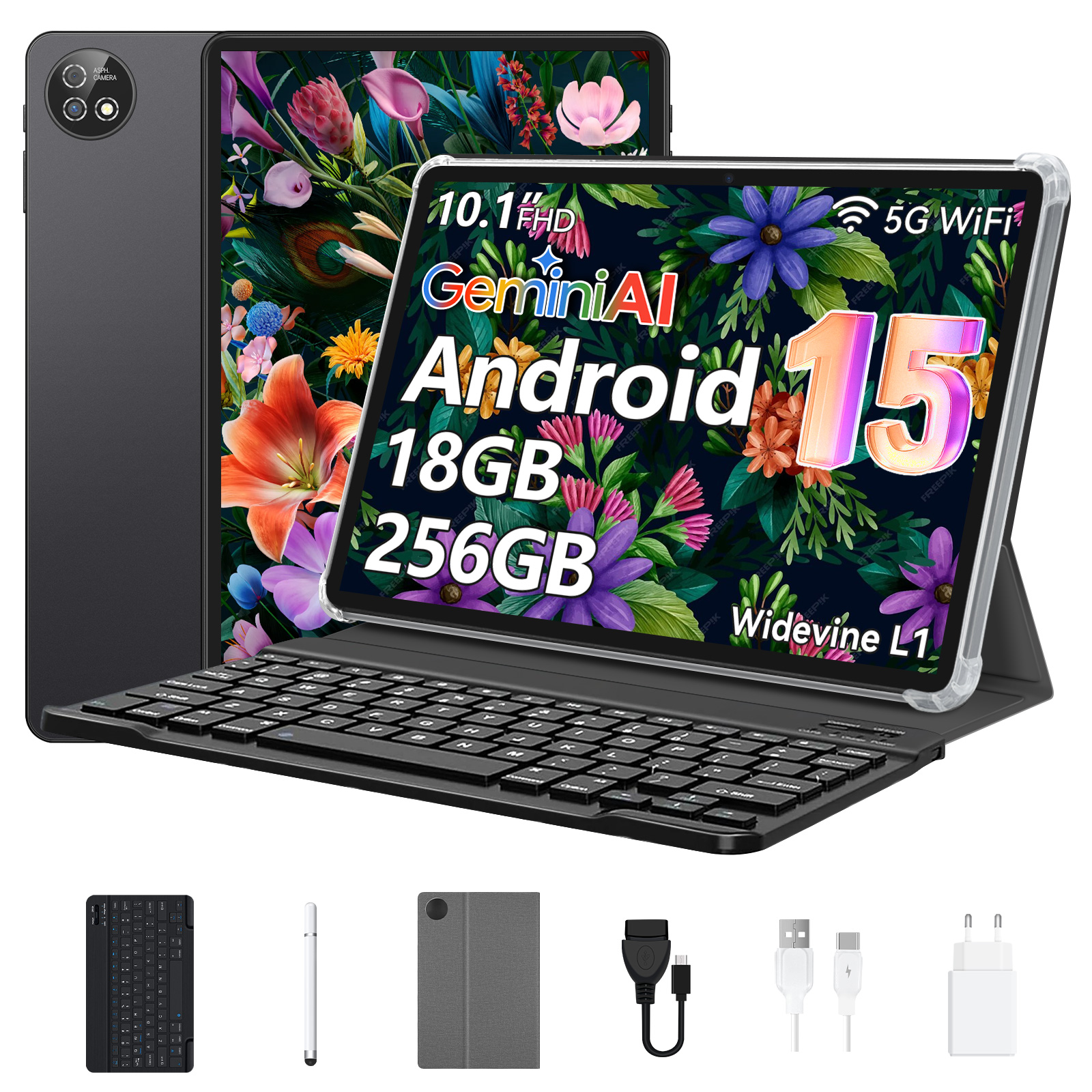 Ein Tablet mit Tastatur und Zubehör, das Android 15 zeigt.