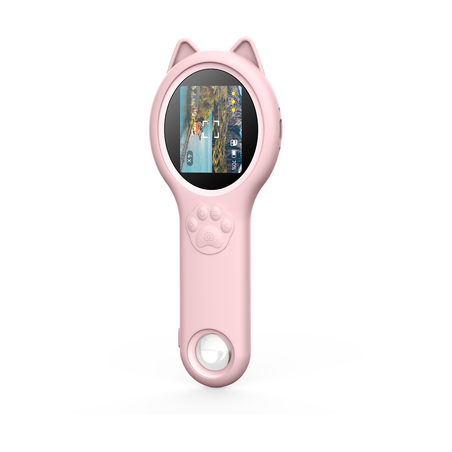 Pembe kedi şeklinde oyuncak kamera, ekranında manzara gösteriyor.
