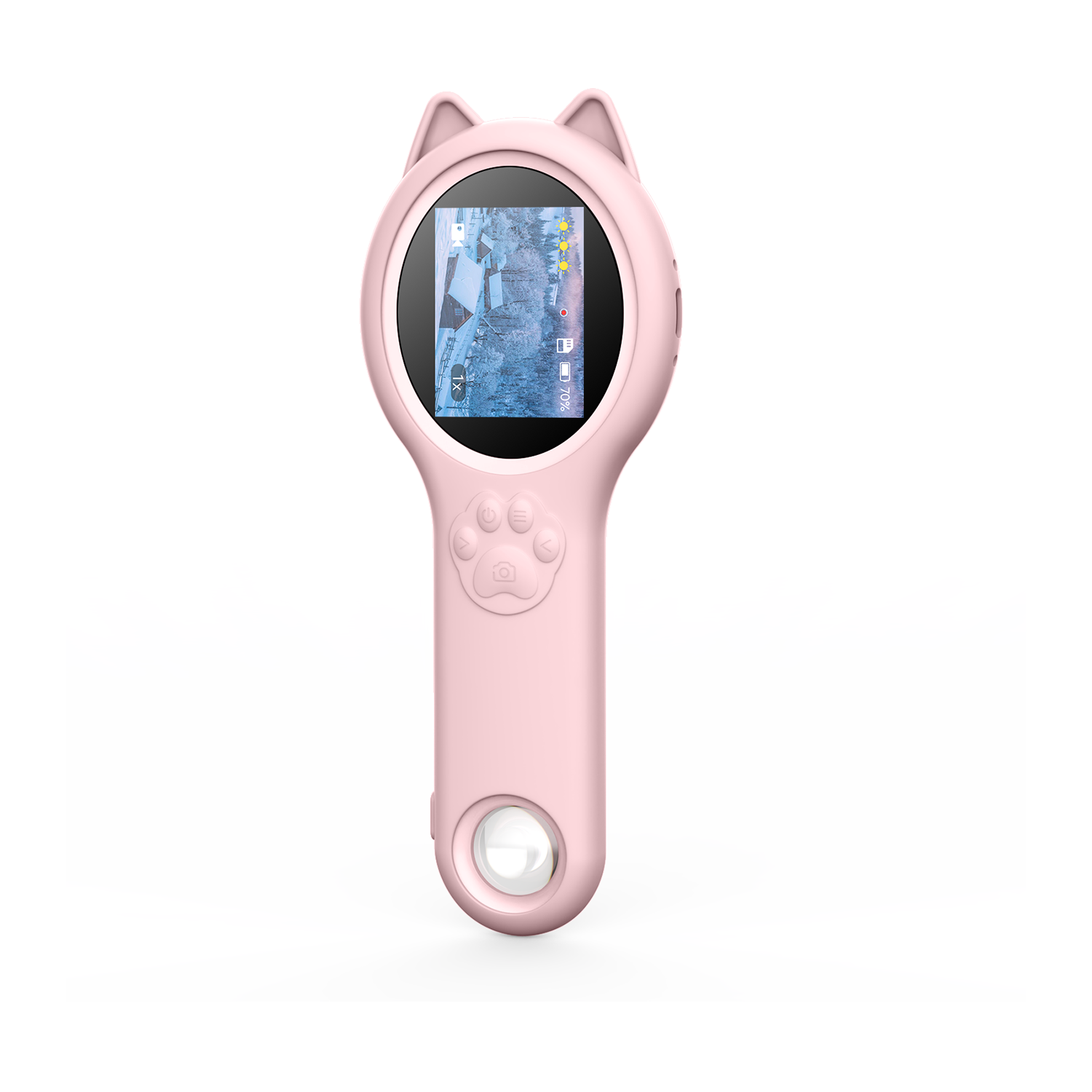 Pembe kedi şekilli kamera ekranında karlı bir manzara gösteriyor.