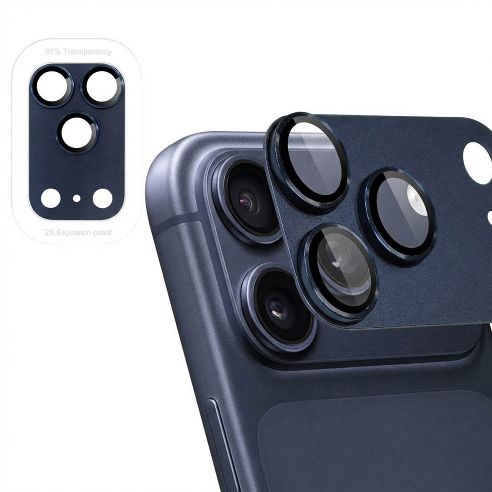 Drie cameralenzen op een donkere smartphone met een beschermend glas ernaast.