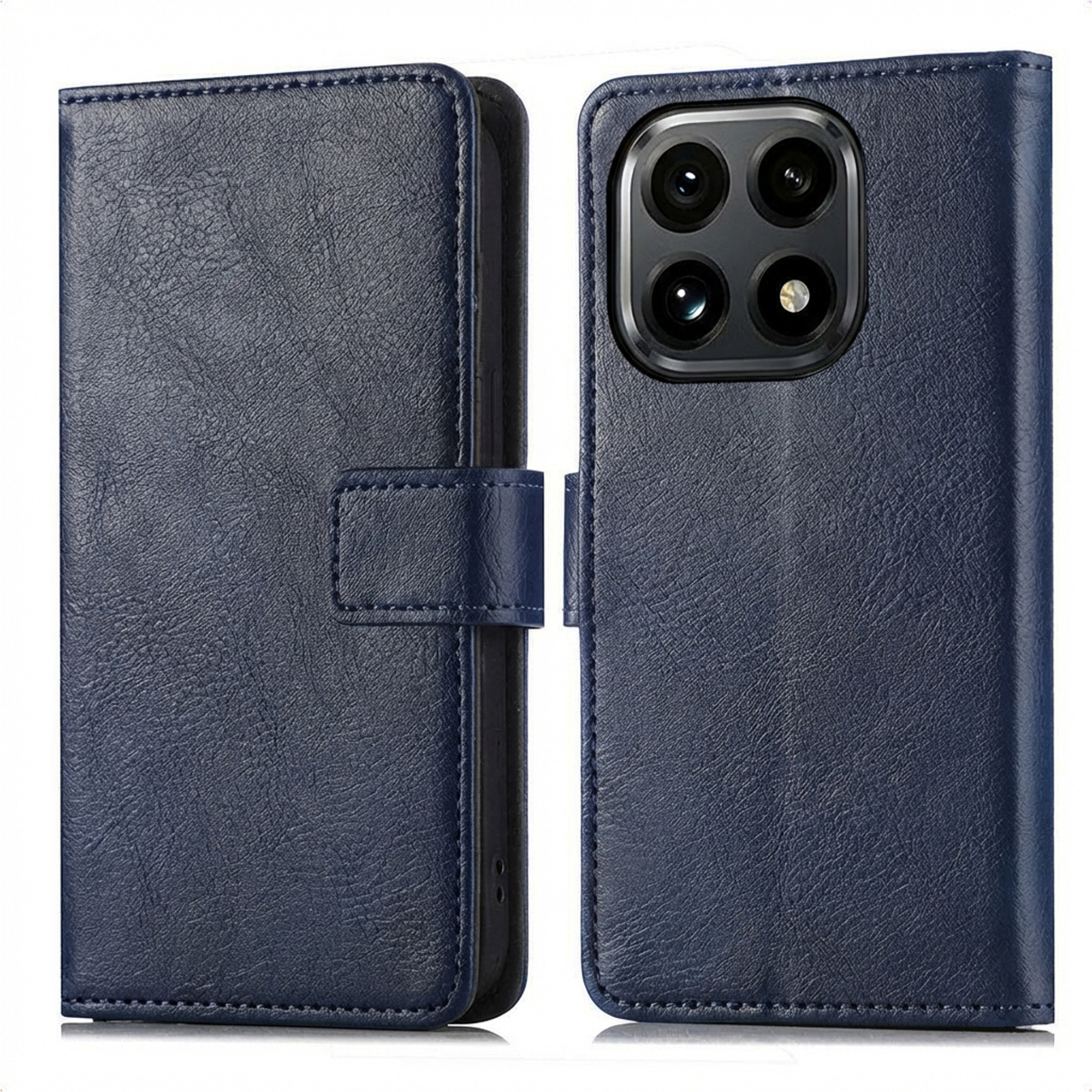 Donkerblauwe leren telefoonhoes met camera-opening en magneetsluiting.