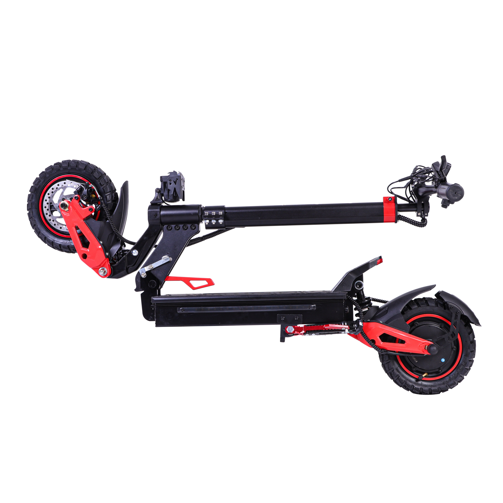 Czarna hulajnoga elektryczna z czerwonymi akcentami na czarnym tle.