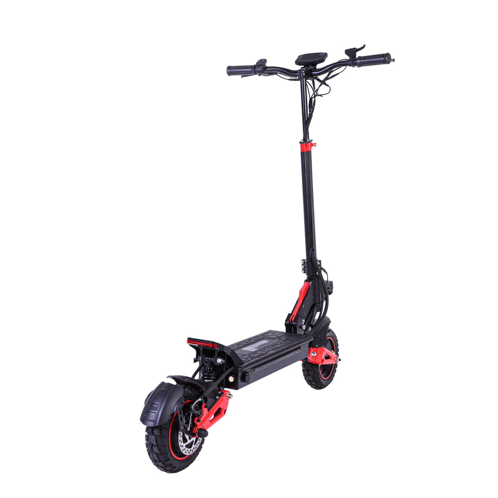 Czarny skuter elektryczny z czerwonymi akcentami stoi na czarnym tle.