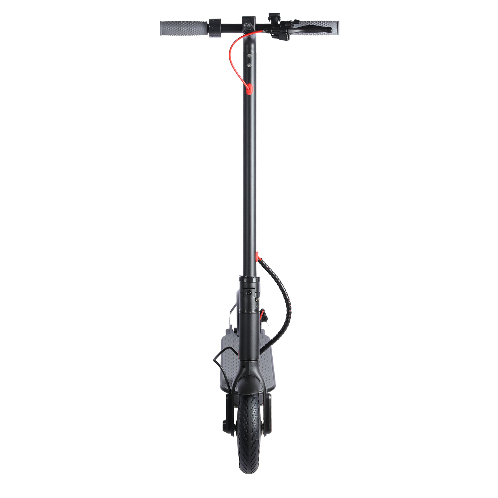 Czarna hulajnoga elektryczna z kierownicą, podestem i przednim kołem.