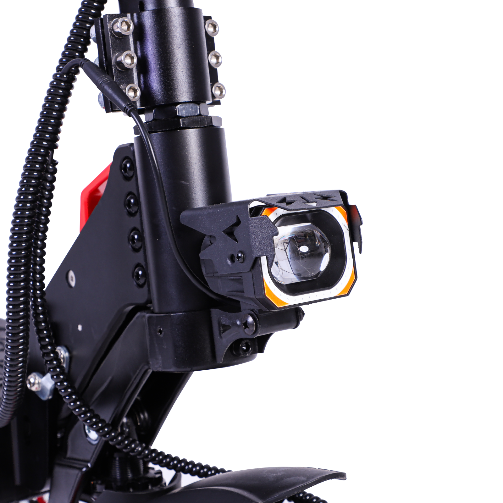 Część czarnej hulajnogi elektrycznej z reflektorem.