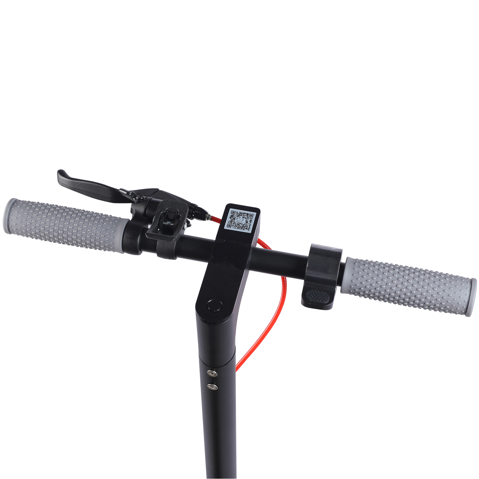 Kierownica hulajnogi elektrycznej z uchwytami, dźwignią hamulca i kodem QR.