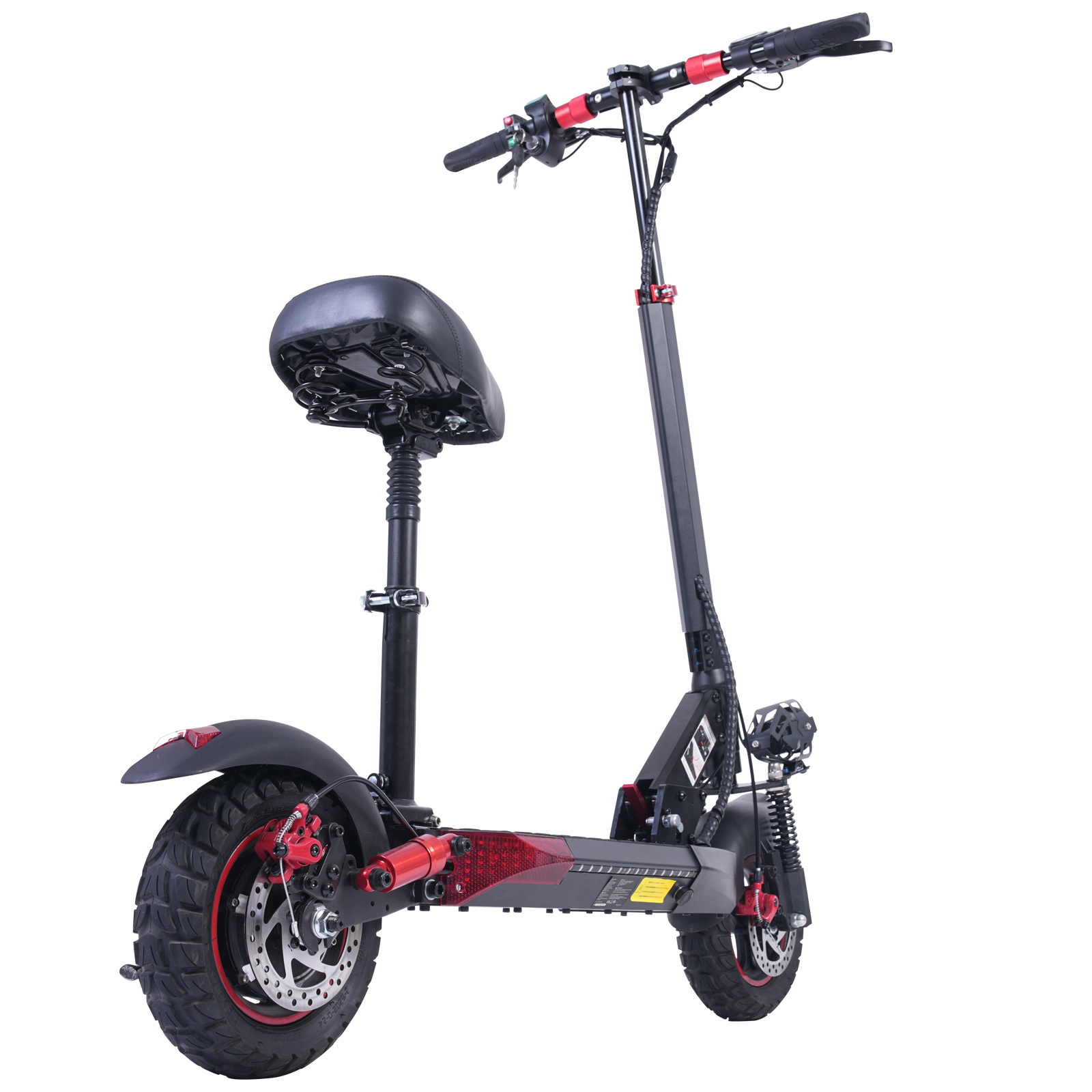 Czarna hulajnoga elektryczna z siedzeniem, czerwonymi akcentami i oponami terenowymi.