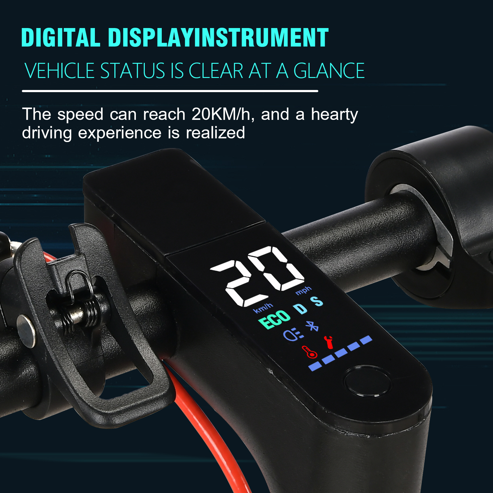 Wyświetlacz hulajnogi elektrycznej pokazuje 20 km/h, tryb ECO, światło, Bluetooth i baterię.