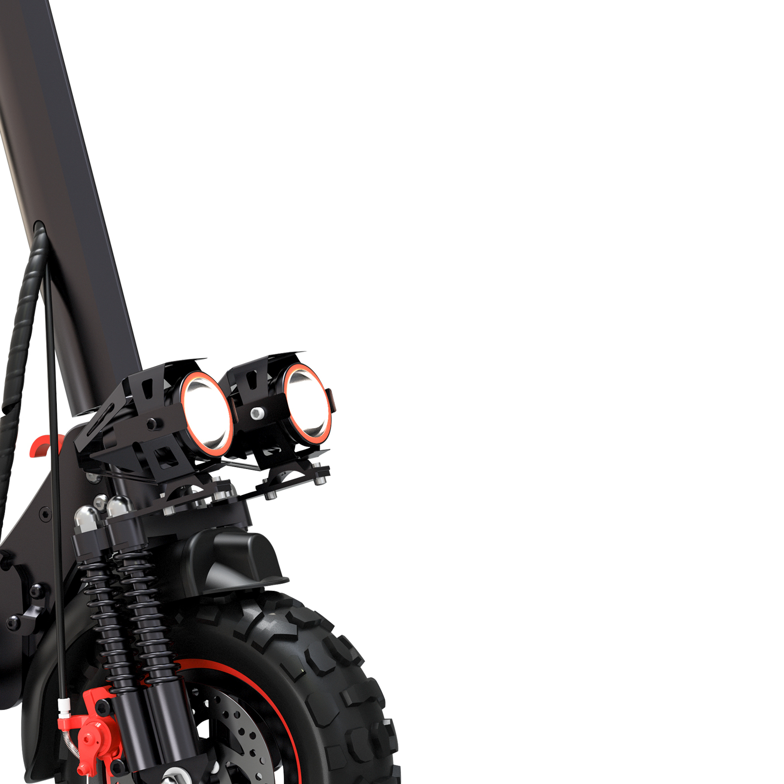 Zbliżenie na przód czarnej hulajnogi elektrycznej z podwójnymi reflektorami i terenowymi oponami.