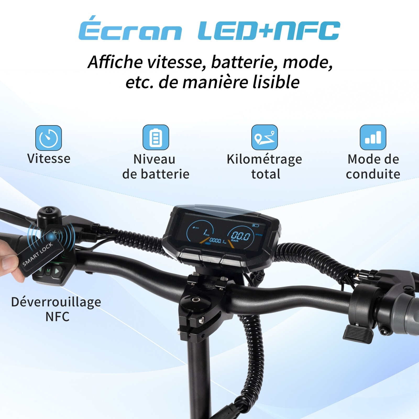 Kierownica hulajnogi elektrycznej z wyświetlaczem: prędkość, bateria, przebieg, tryb, blokada NFC.