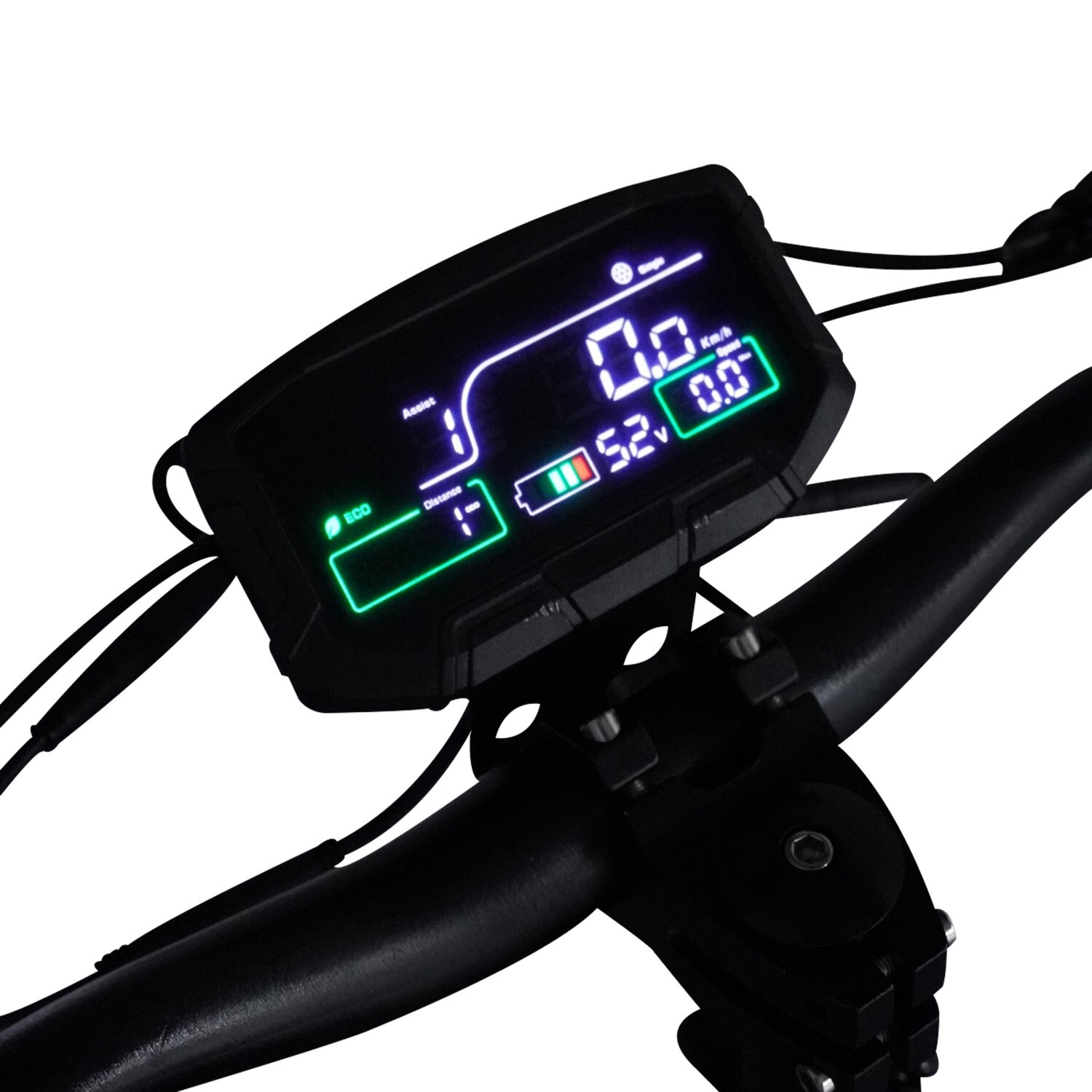 Podświetlany wyświetlacz pokazuje prędkość, baterię i tryb.