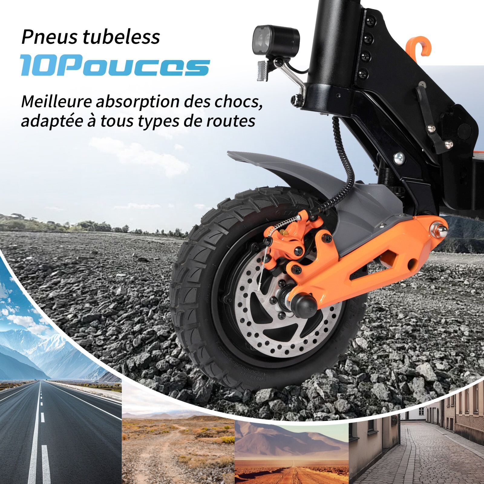 Hulajnoga z 10-calowymi oponami bezdętkowymi, na tle kolaża rjnych drog.