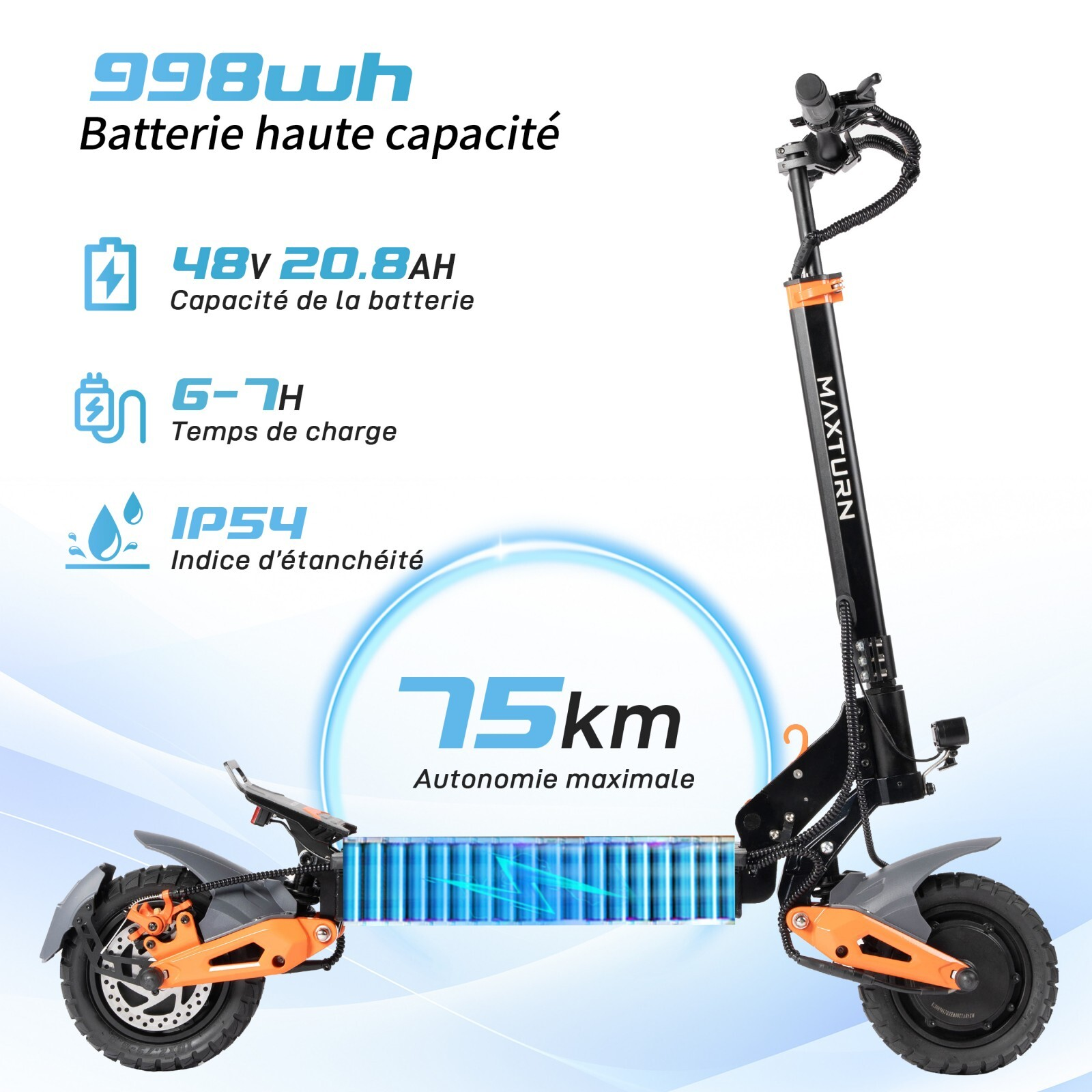 Czarna hulajnoga elektryczna z pomarańczowymi akcentami, bateria 998Wh, zasięg 75km.