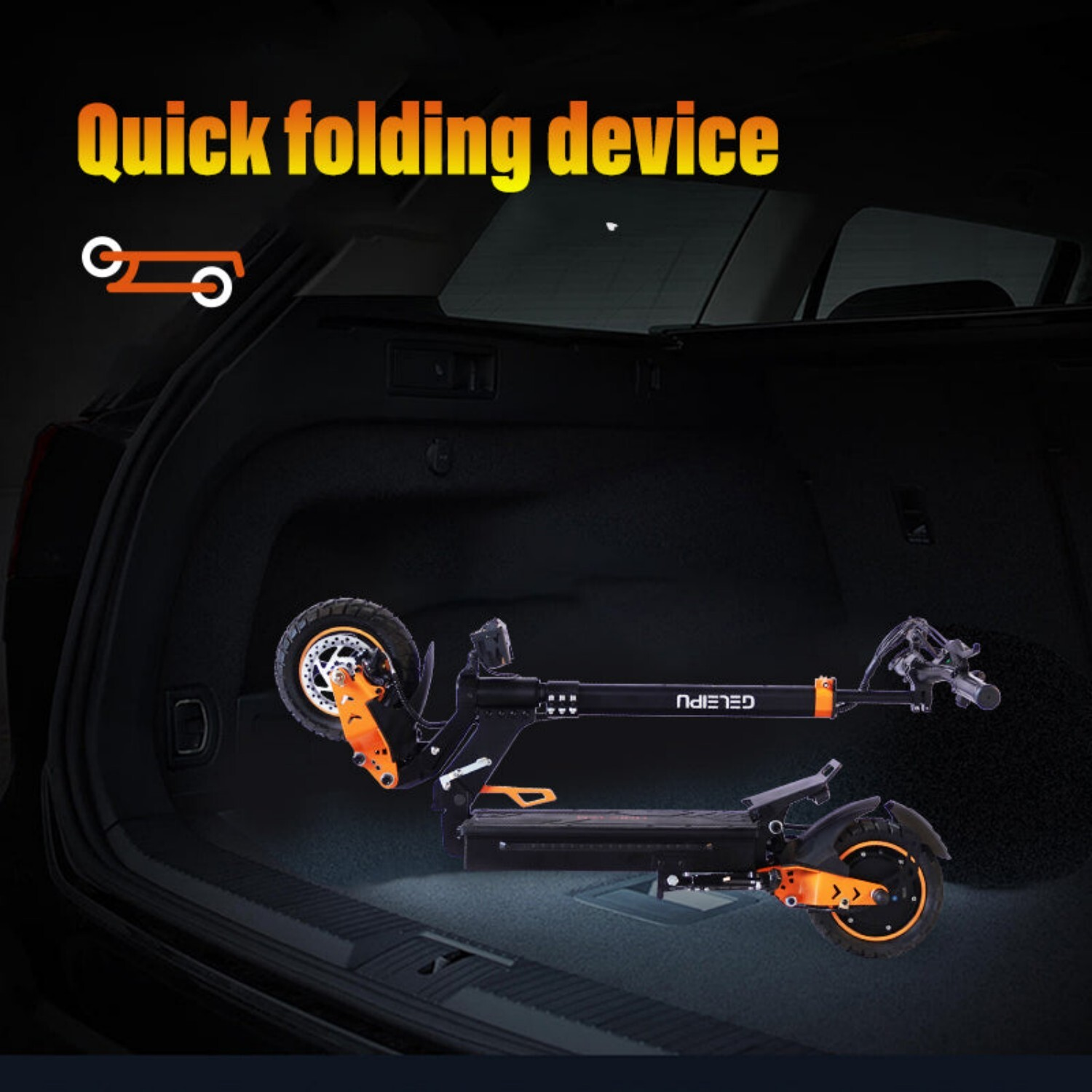 Czarna hulajnoga elektryczna z pomarańczowymi akcentami leży w bagażniku samochodu.