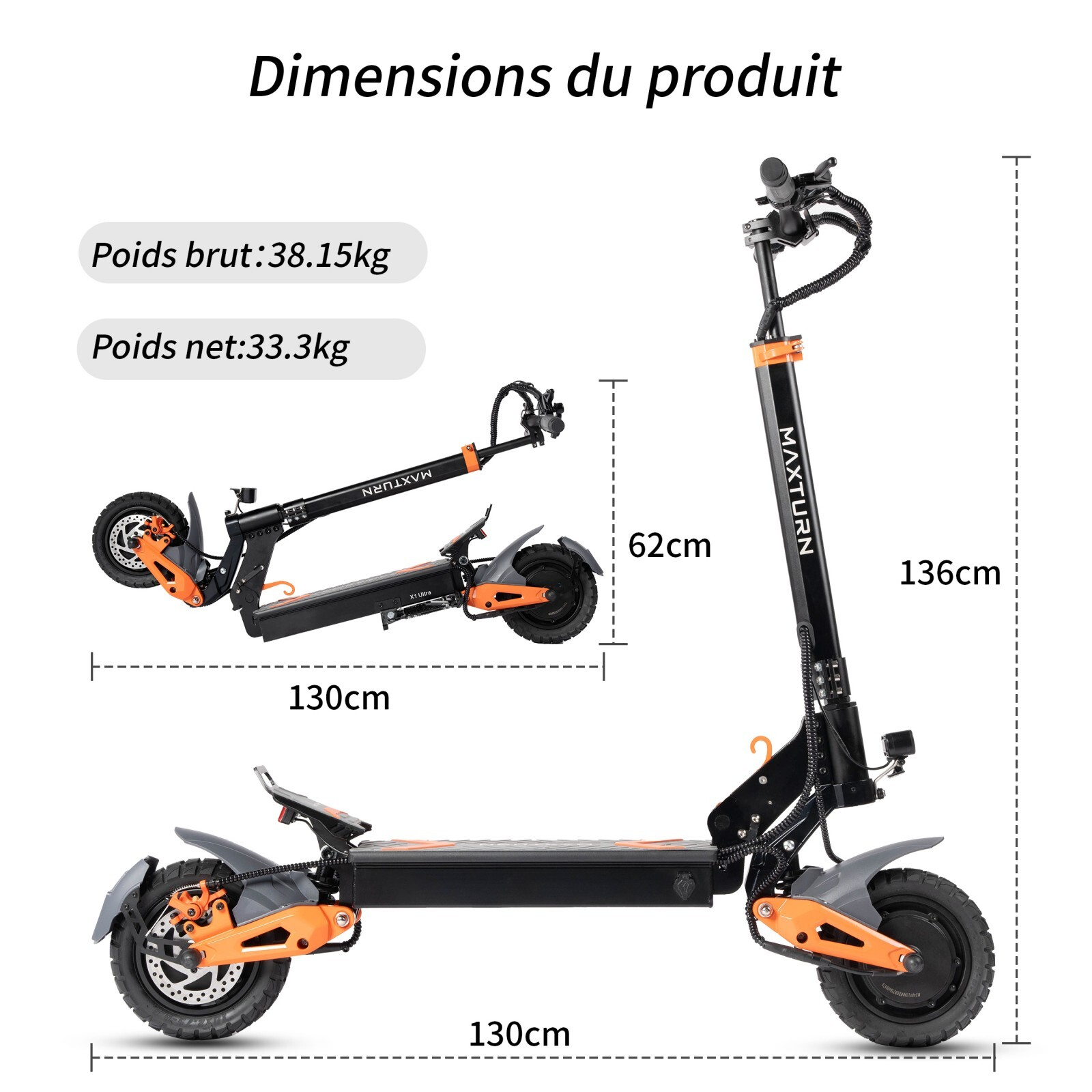 Hulajnoga elektryczna wymiary: 130cm Dł, 62cm Wys, 136cm Wys. Waga brutto 38.15kg, waga netto 33.3kg.