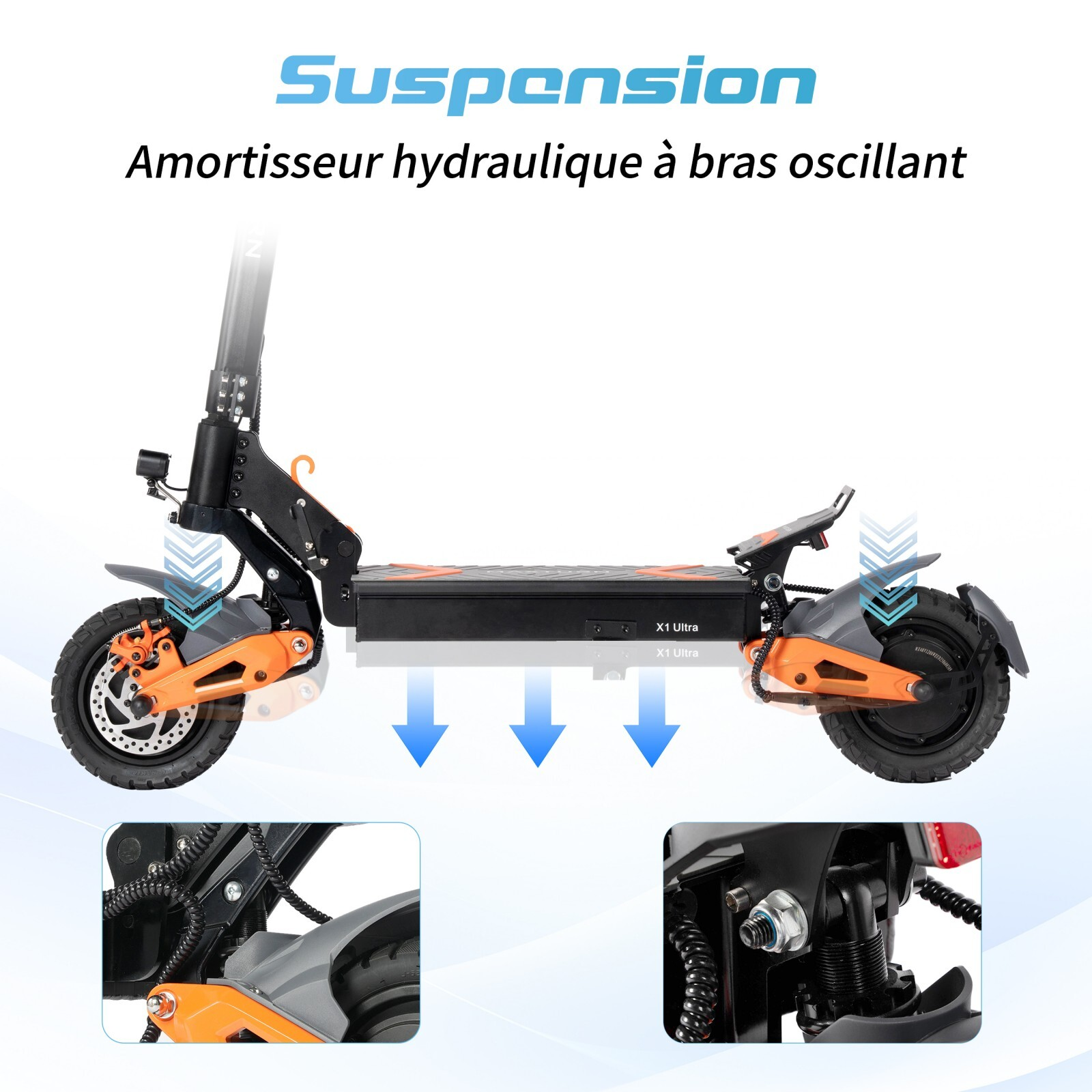 Hulajnoga elektryczna z amortyzacją hydrauliczną, pomarańczowymi akcentami i strzałkami wskazującymi amortyzację.