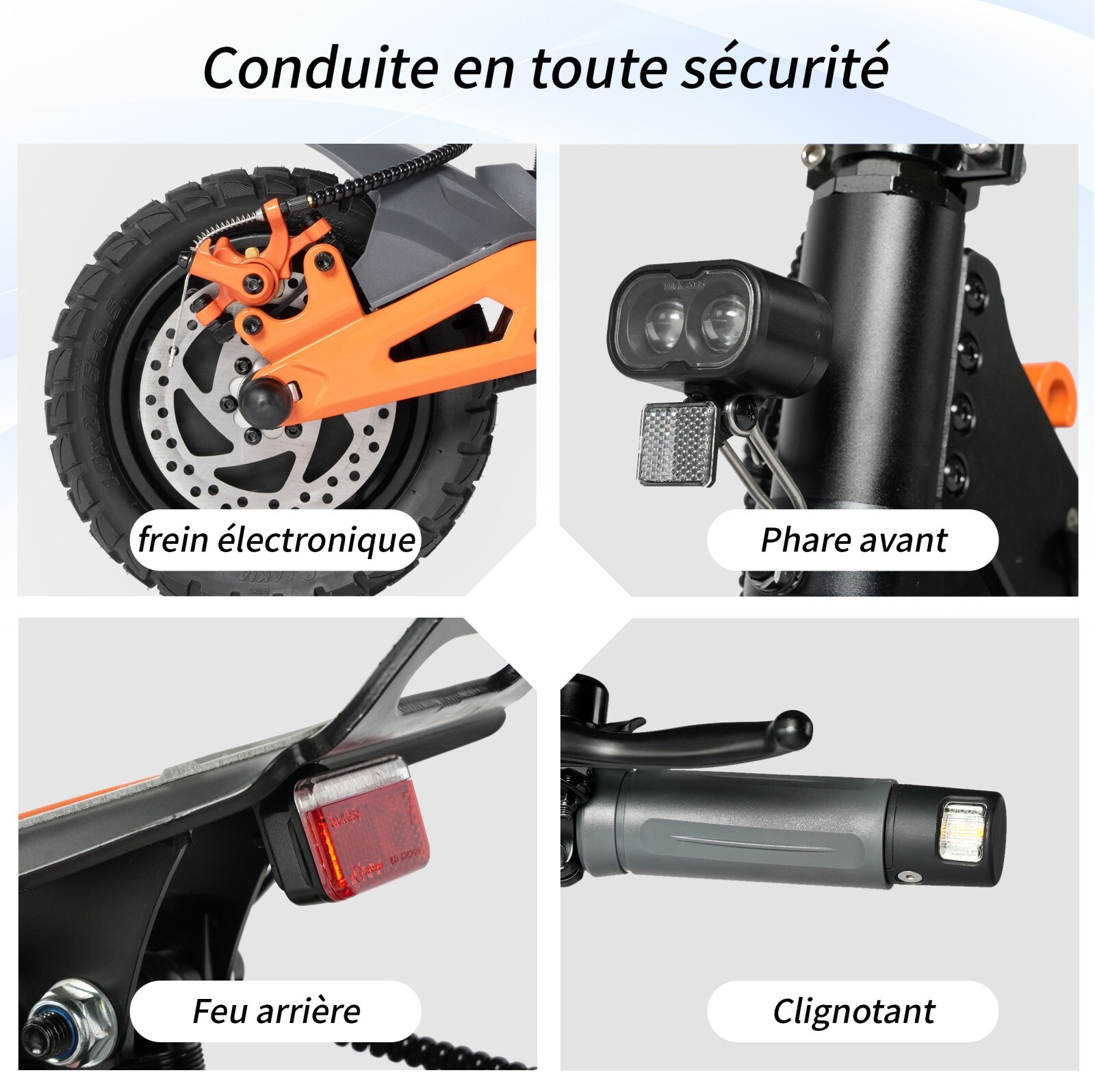 Szczegóły hulajnogi elektrycznej: hamulec, reflektor, tylne światło, uchwyt.