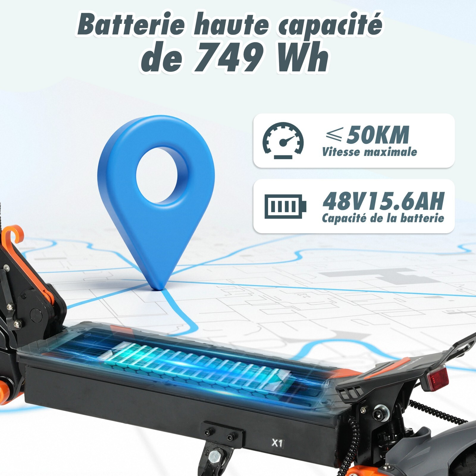 Hulajnoga elektryczna z otwartą baterią, pinezką nawigacyjną i danymi.