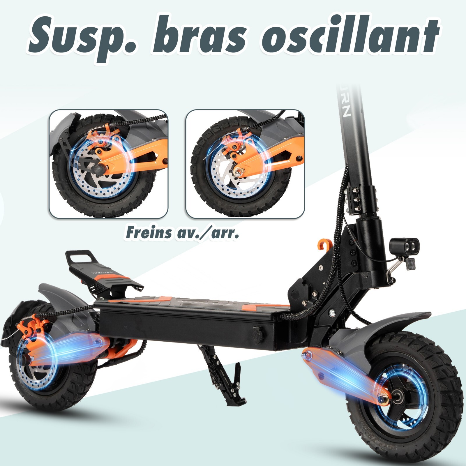 Hulajnoga elektryczna ze zbliżeniami na zawieszenie i hamulce.