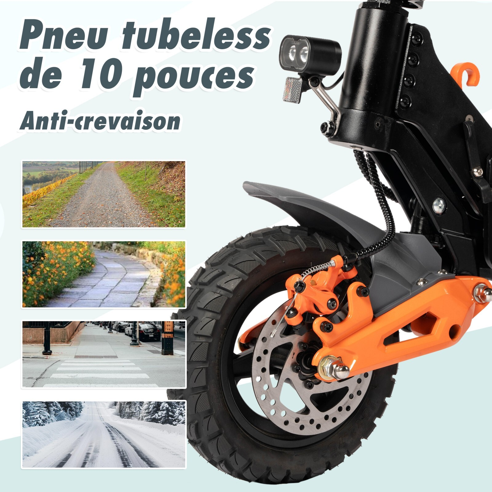 Zbliżenie koła hulajnogi elektrycznej z pomarańczową ramą i hamulcem tarczowym.