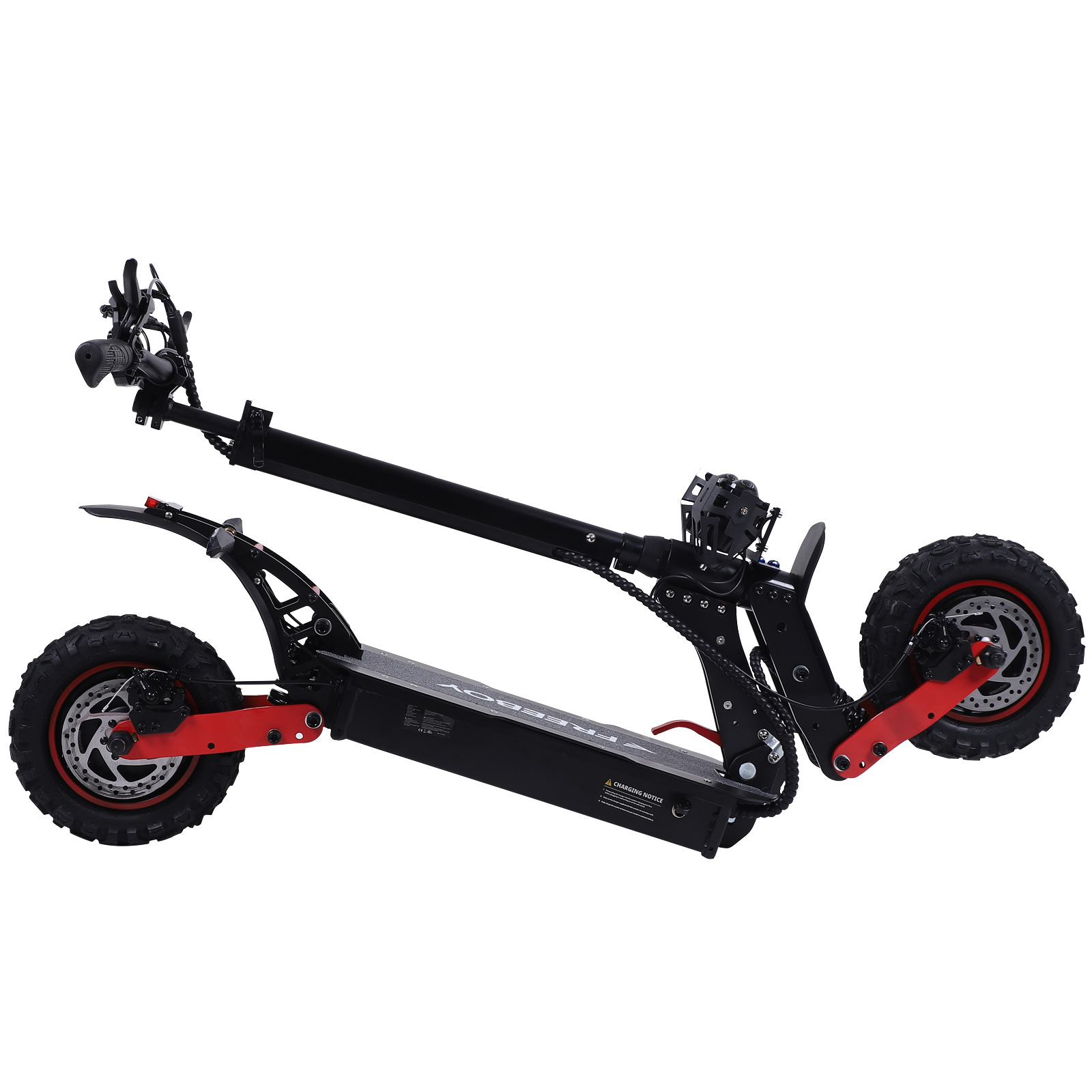 Czarna hulajnoga elektryczna z czerwonymi akcentami i terenowymi oponami.