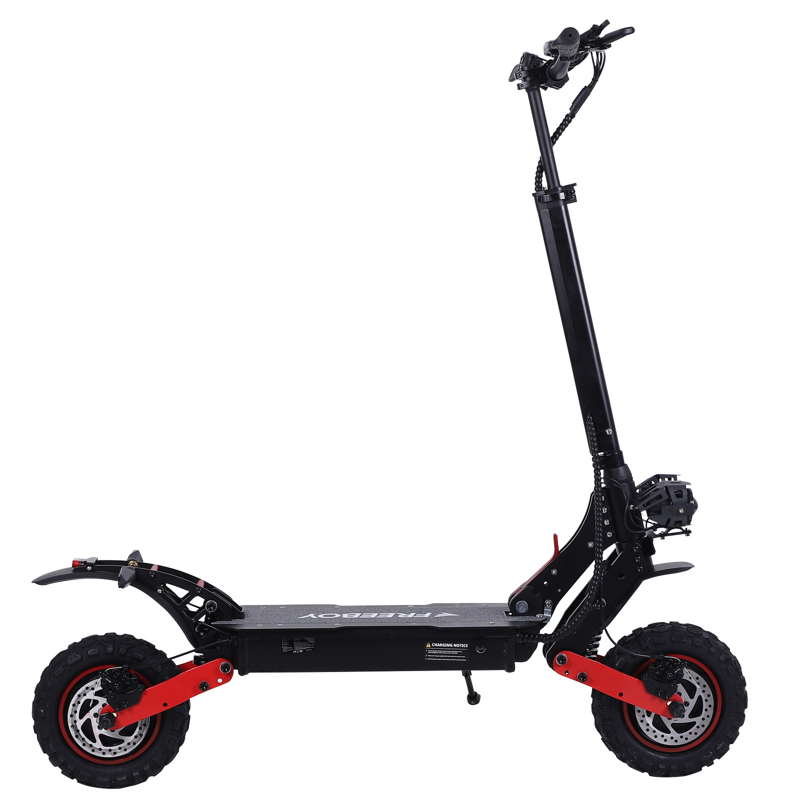 Czarna hulajnoga elektryczna z dużymi oponami i czerwonymi akcentami.