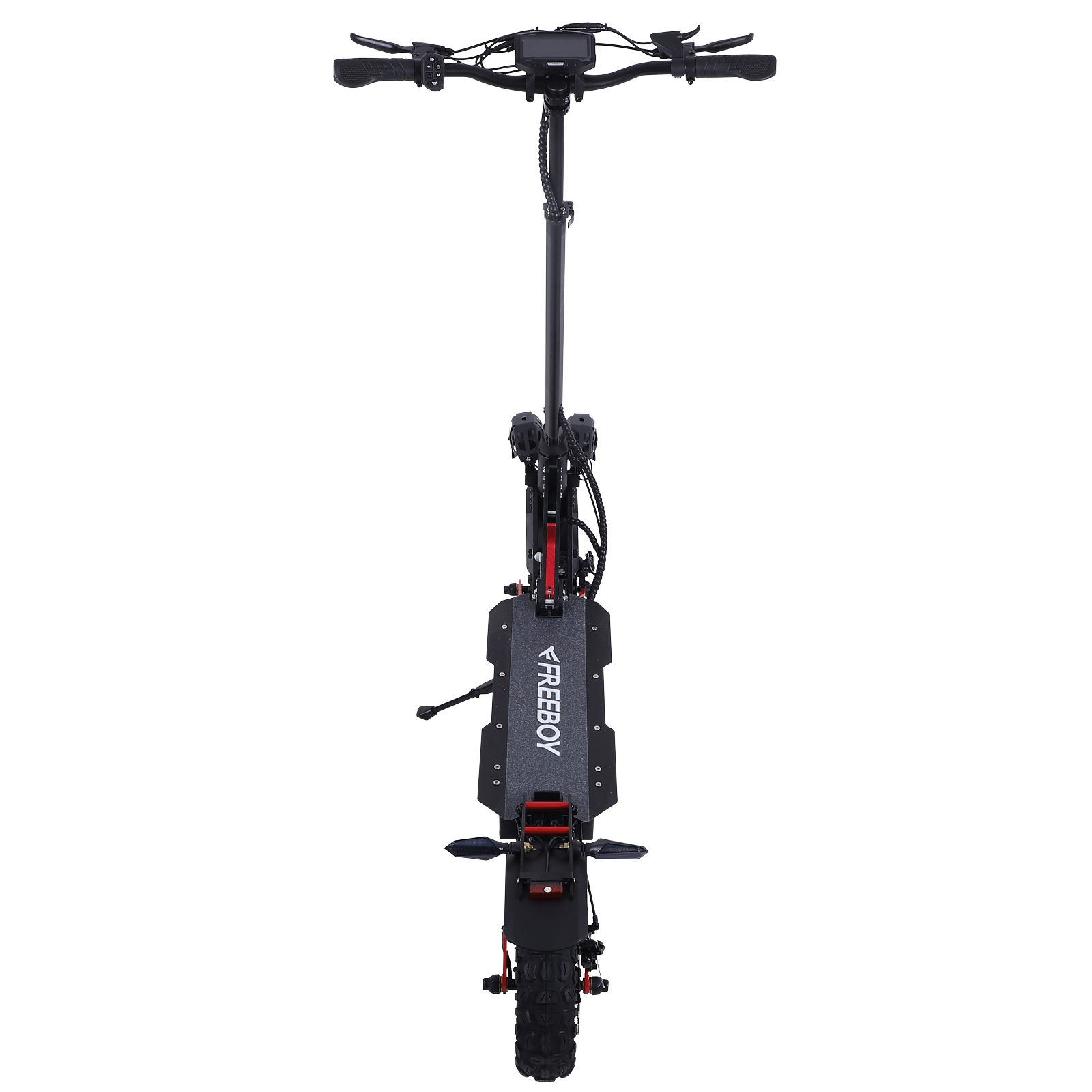 Czarny skuter elektryczny z szeroką platformą i wyświetlaczem LED.