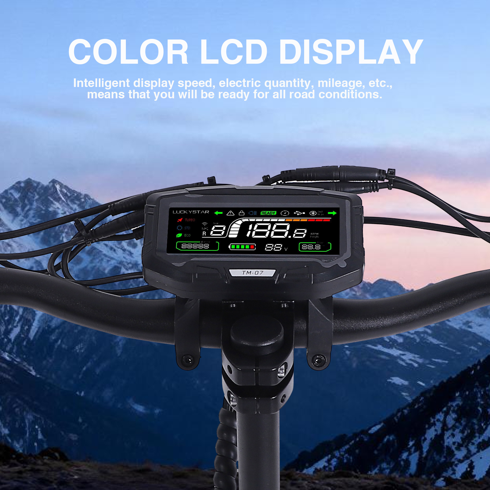 Wyświetlacz hulajnogi elektrycznej pokazuje prędkość, baterię, przebieg i inne.