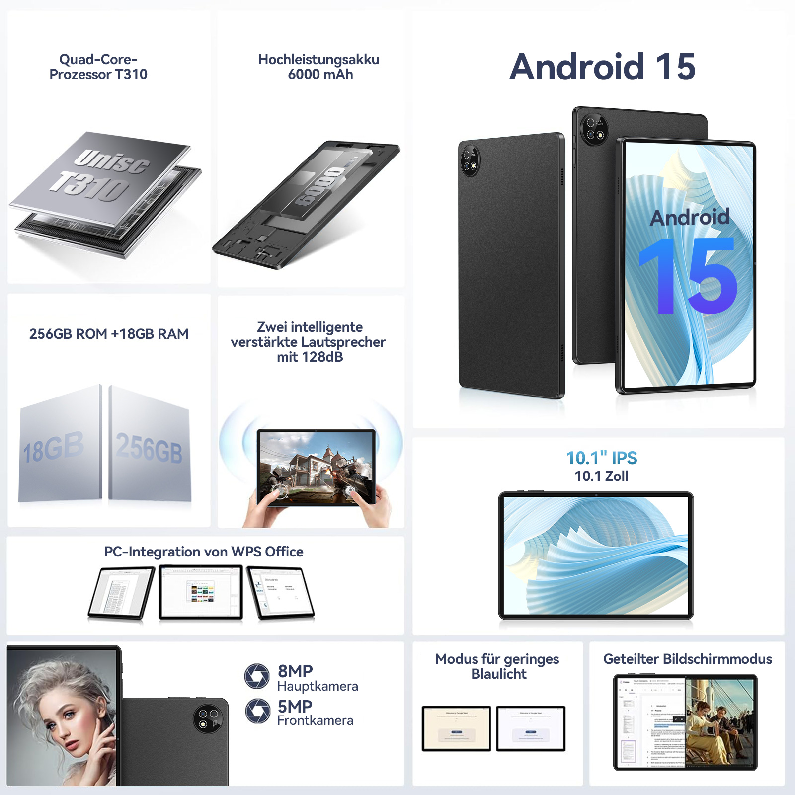 Ein Tablet mit Android 15, Quad-Core-Prozessor, 256GB/18GB Speicher, 10.1" IPS-Display, 8MP/5MP Kameras.